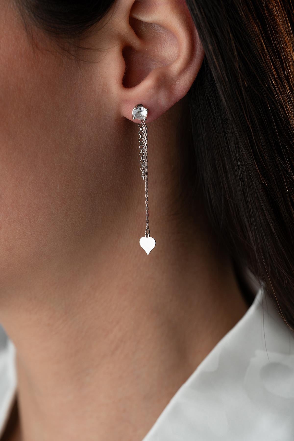 925 Ayar Gümüş Rodyum Kaplama 5 Mm Tektaş Sallantılı Zincir Sade Kalp Model Küpe