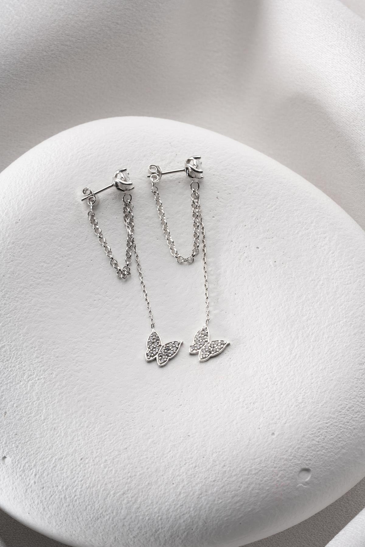 925 Ayar Gümüş Rodyum Kaplama 5 Mm Tektaş Sallantılı Zincir Zirkon Taşlı Kelebek Küpe