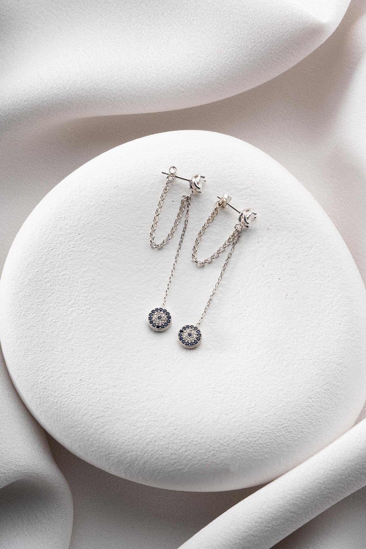 925 Ayar Gümüş Rodyum Kaplama 5 Mm Tektaş Sallantılı Zincir Nazar Küpe