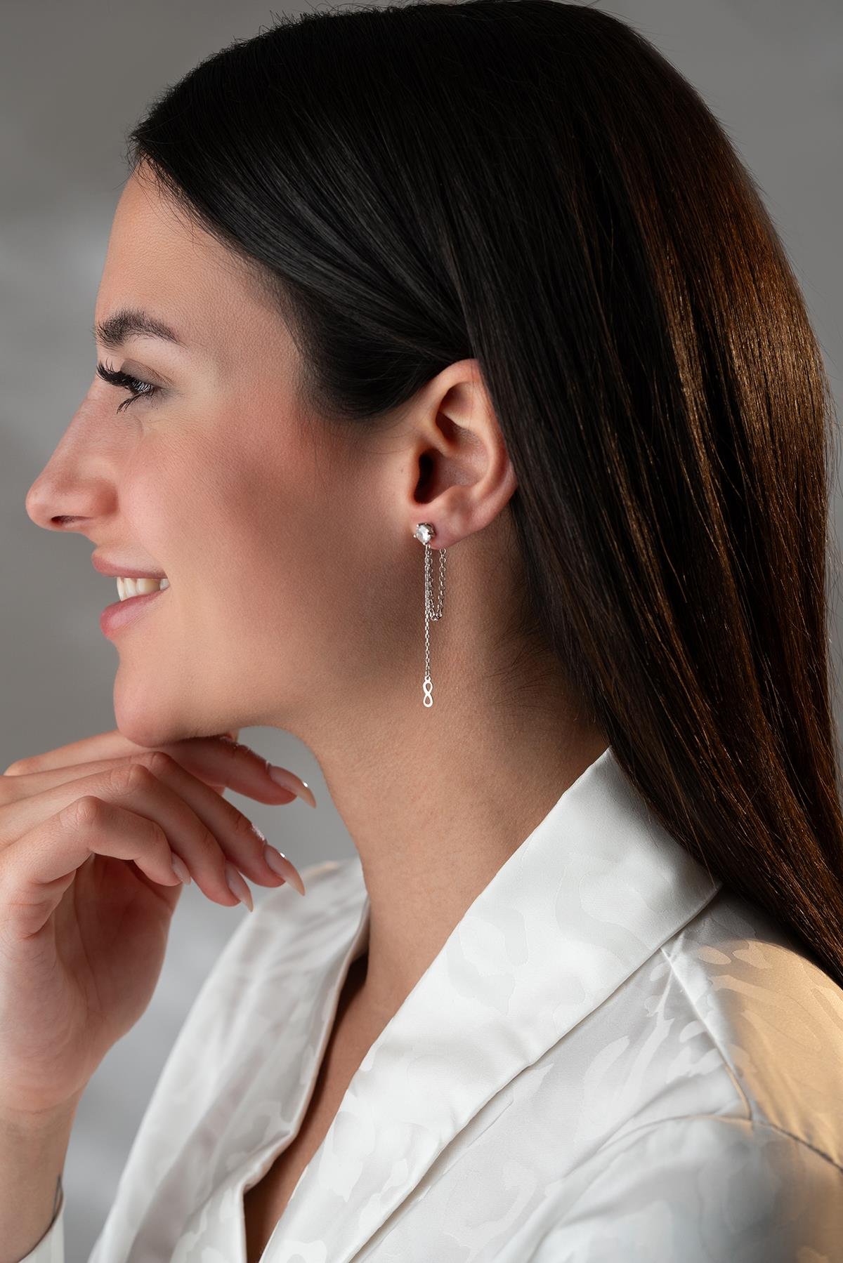 925 Ayar Gümüş Rodyum Kaplama 5 Mm Tektaş Sallantılı Zincir Sonsuzluk Model Küpe