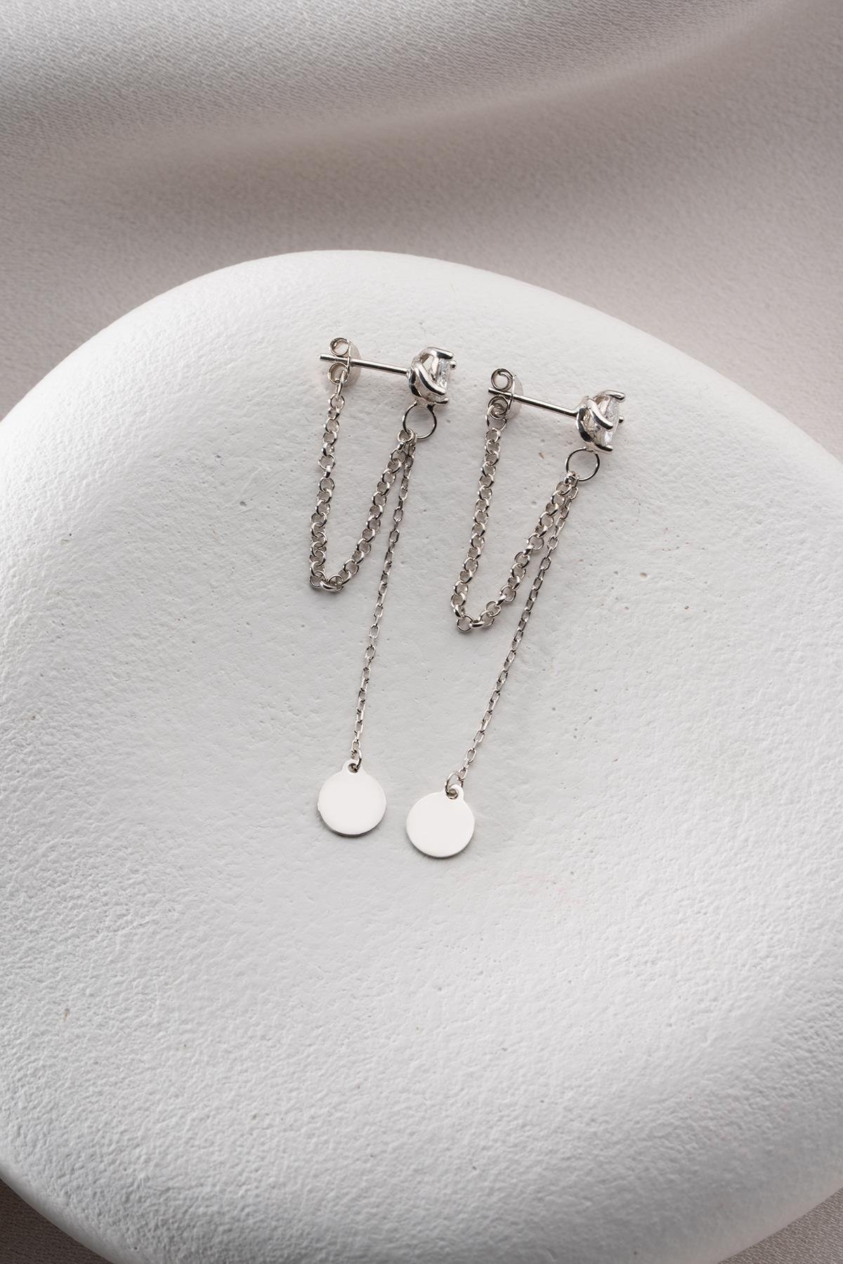 925 Ayar Gümüş Rodyum Kaplama 5 Mm Tektaş Sallantılı Zincir Sade Yuvarlak Model Küpe