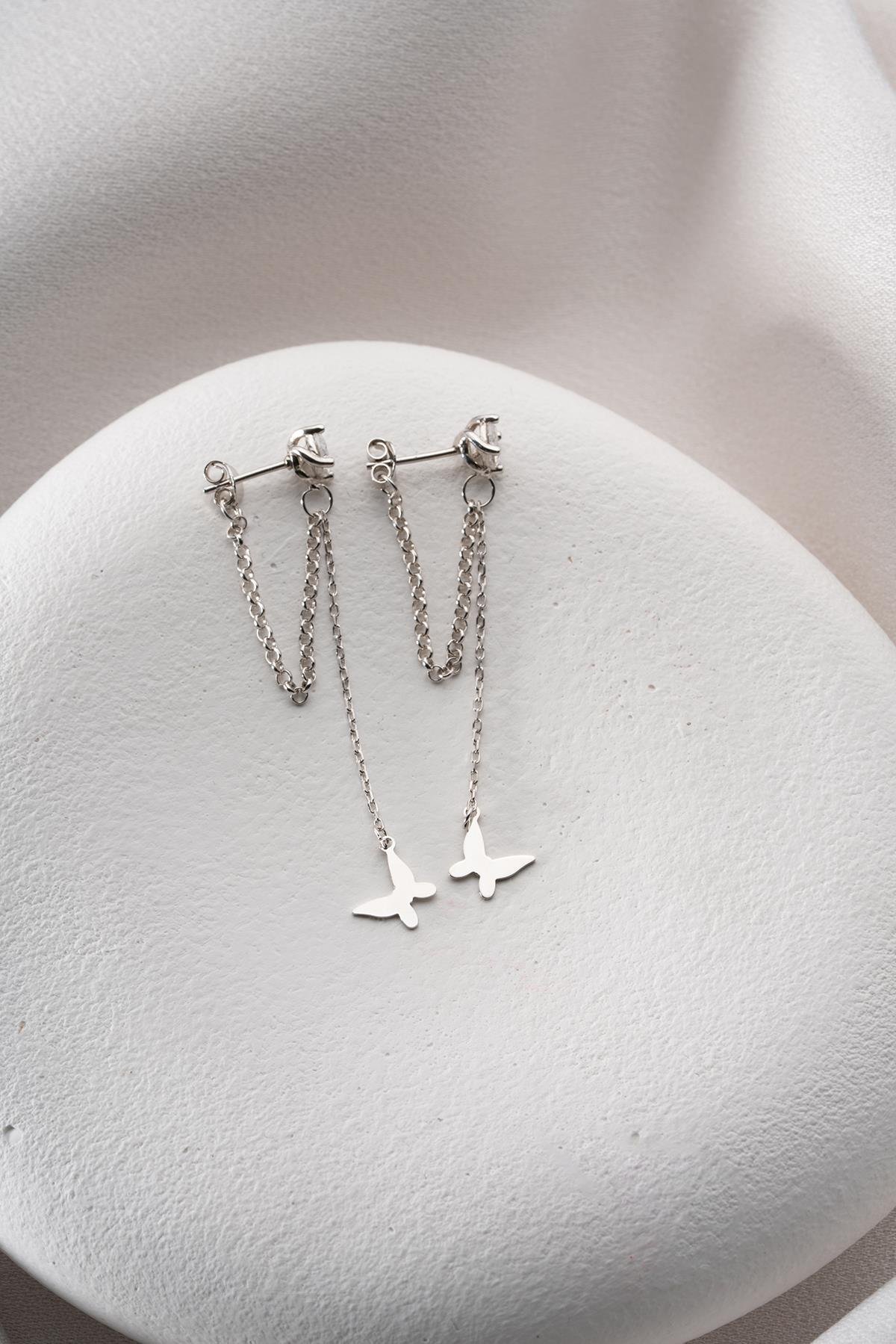 925 Ayar Gümüş Rodyum Kaplama 5 Mm Tektaş Sallantılı Zincir Zirkon Taşsız Kelebek Küpe