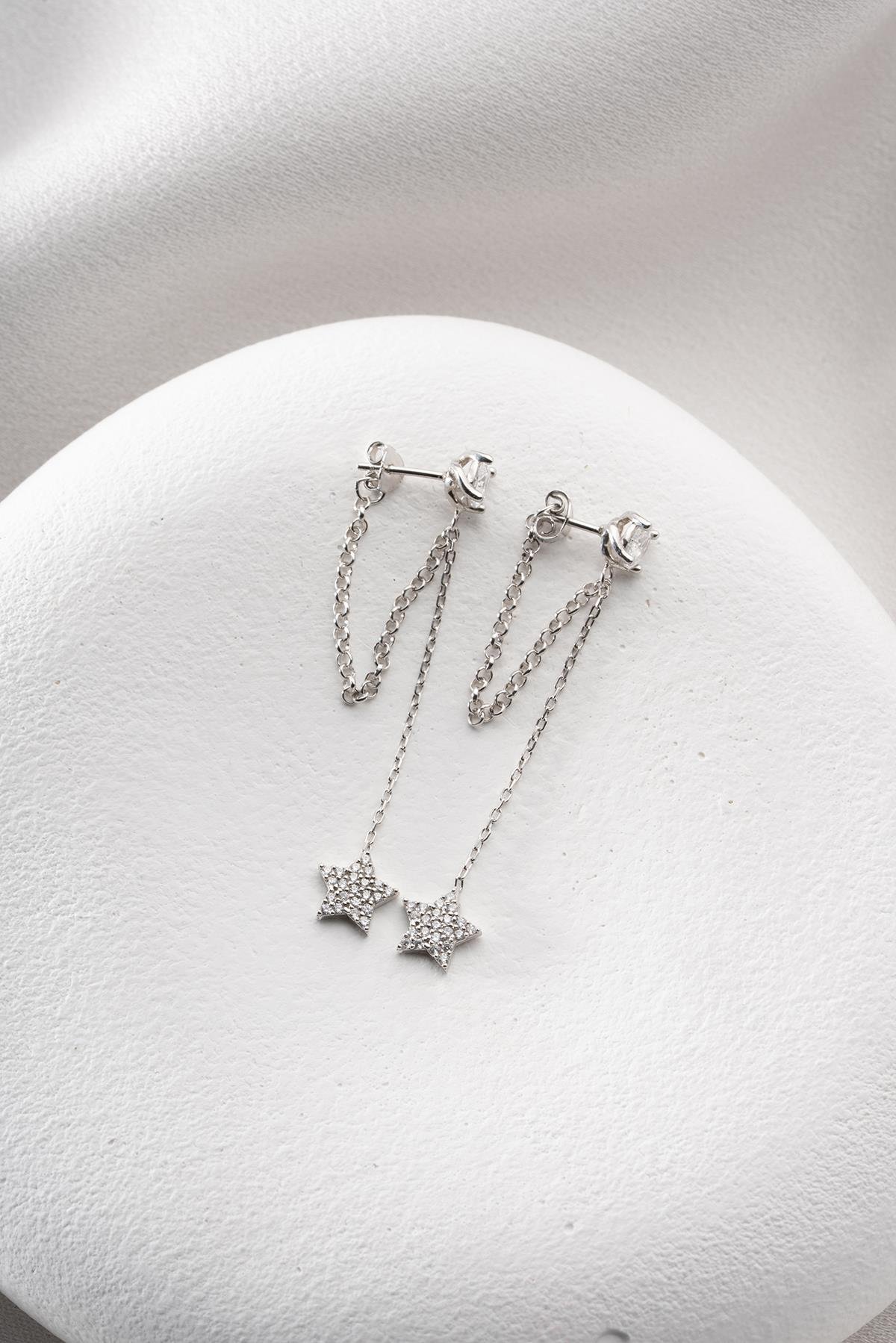 925 Ayar Gümüş Rodyum Kaplama 5 Mm Tektaş Sallantılı Zincir Zirkon Taşlı Yıldız Küpe