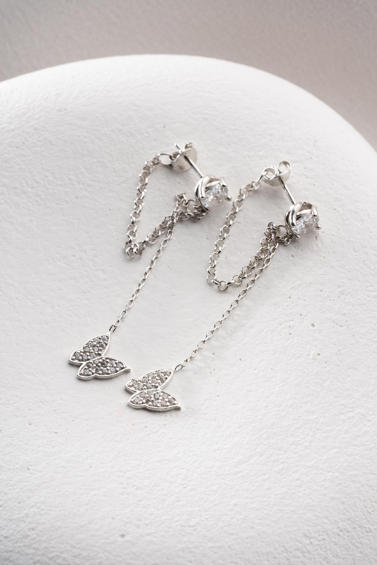 925 Ayar Gümüş Rodyum Kaplama 5 Mm Tektaş Sallantılı Zincir Zirkon Taşlı Kelebek Küpe