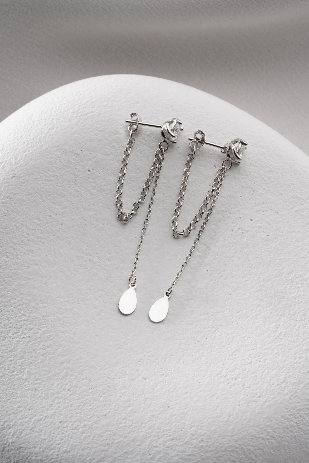 925 Ayar Gümüş Rodyum Kaplama 5 Mm Tektaş Sallantılı Zincir Sade Damla Model Küpe