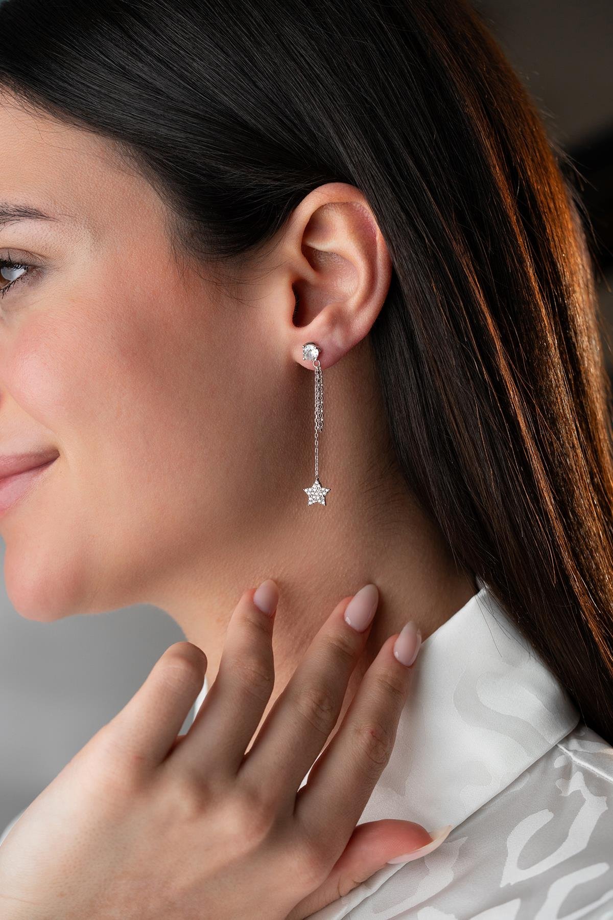 925 Ayar Gümüş Rodyum Kaplama 5 Mm Tektaş Sallantılı Zincir Zirkon Taşlı Yıldız Küpe