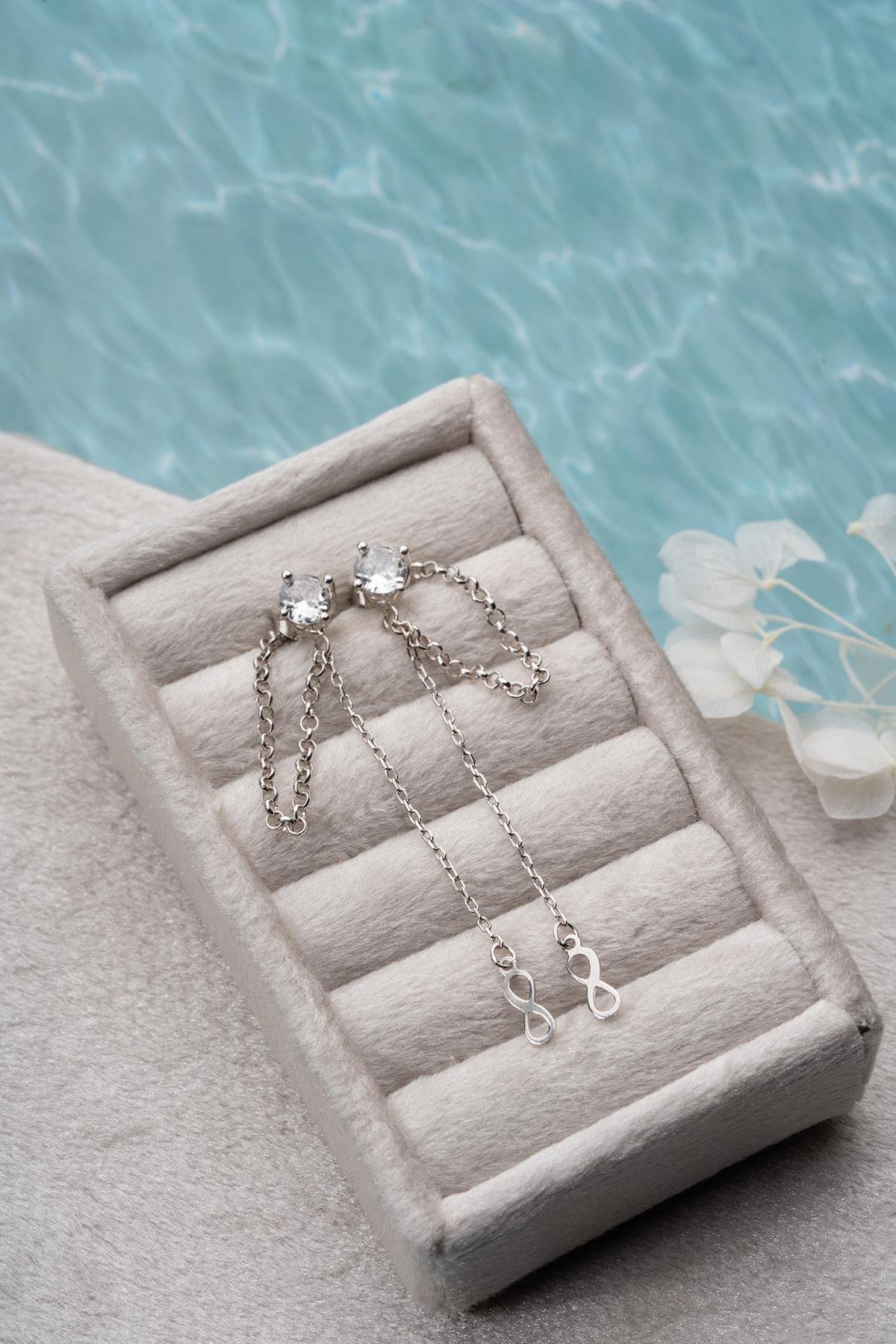 925 Ayar Gümüş Rodyum Kaplama 5 Mm Tektaş Sallantılı Zincir Sonsuzluk Model Küpe