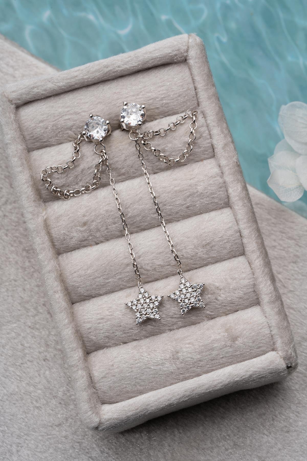 925 Ayar Gümüş Rodyum Kaplama 5 Mm Tektaş Sallantılı Zincir Zirkon Taşlı Yıldız Küpe