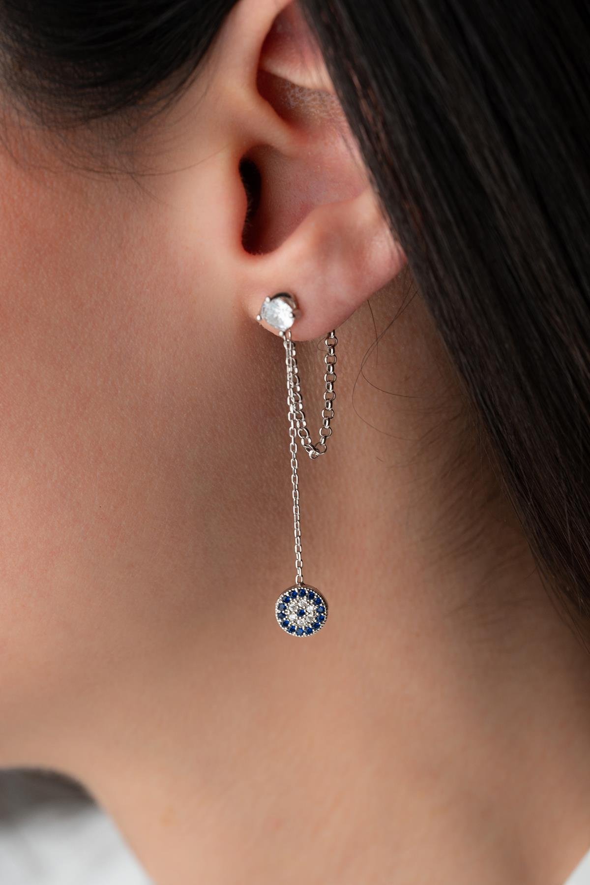 925 Ayar Gümüş Rodyum Kaplama 5 Mm Tektaş Sallantılı Zincir Nazar Küpe