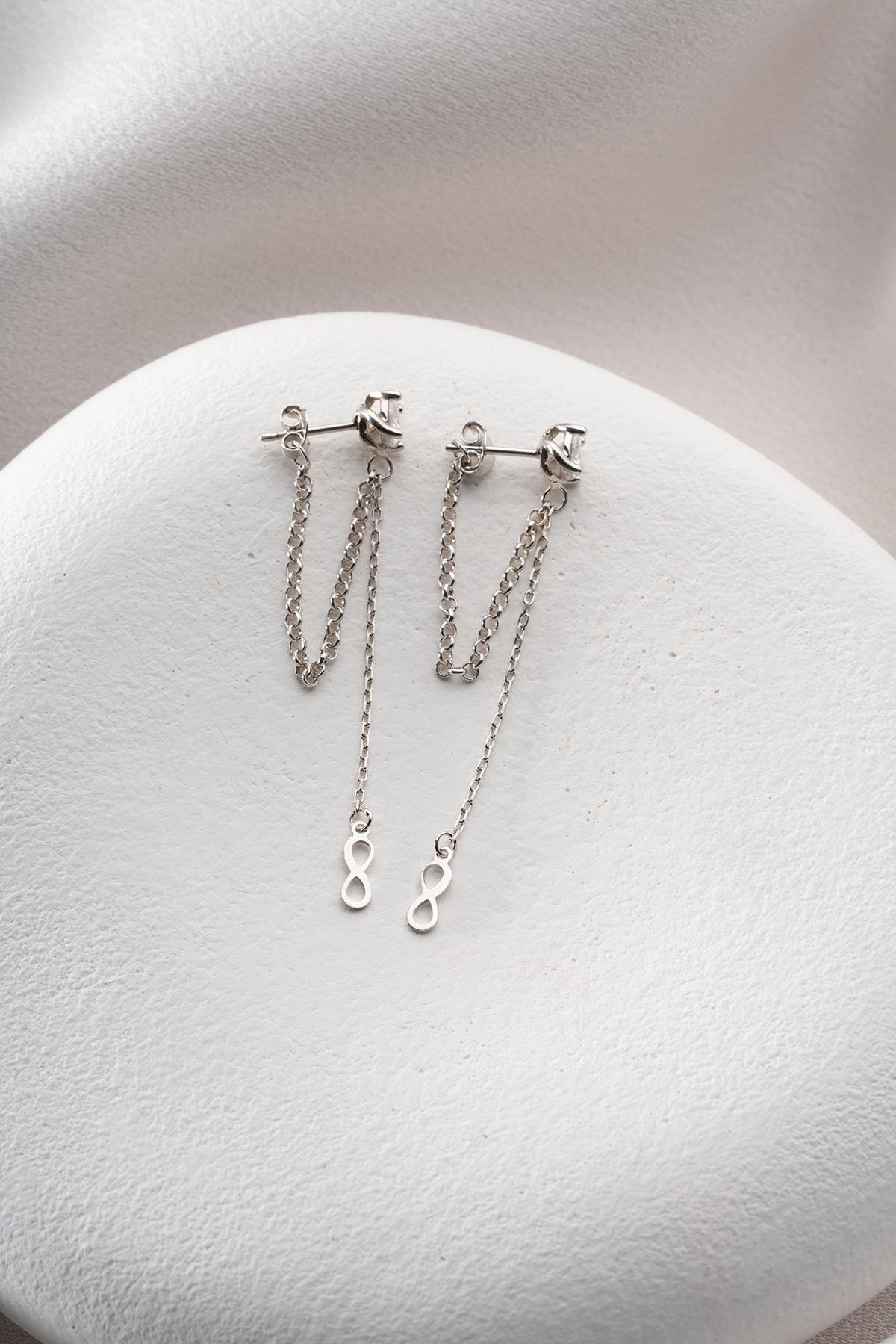 925 Ayar Gümüş Rodyum Kaplama 5 Mm Tektaş Sallantılı Zincir Sonsuzluk Model Küpe