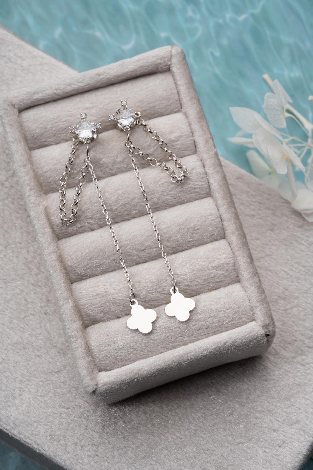 925 Ayar Gümüş Rodyum Kaplama 5 Mm Tektaş Sallantılı Zincir Sade Yonca Model Küpe