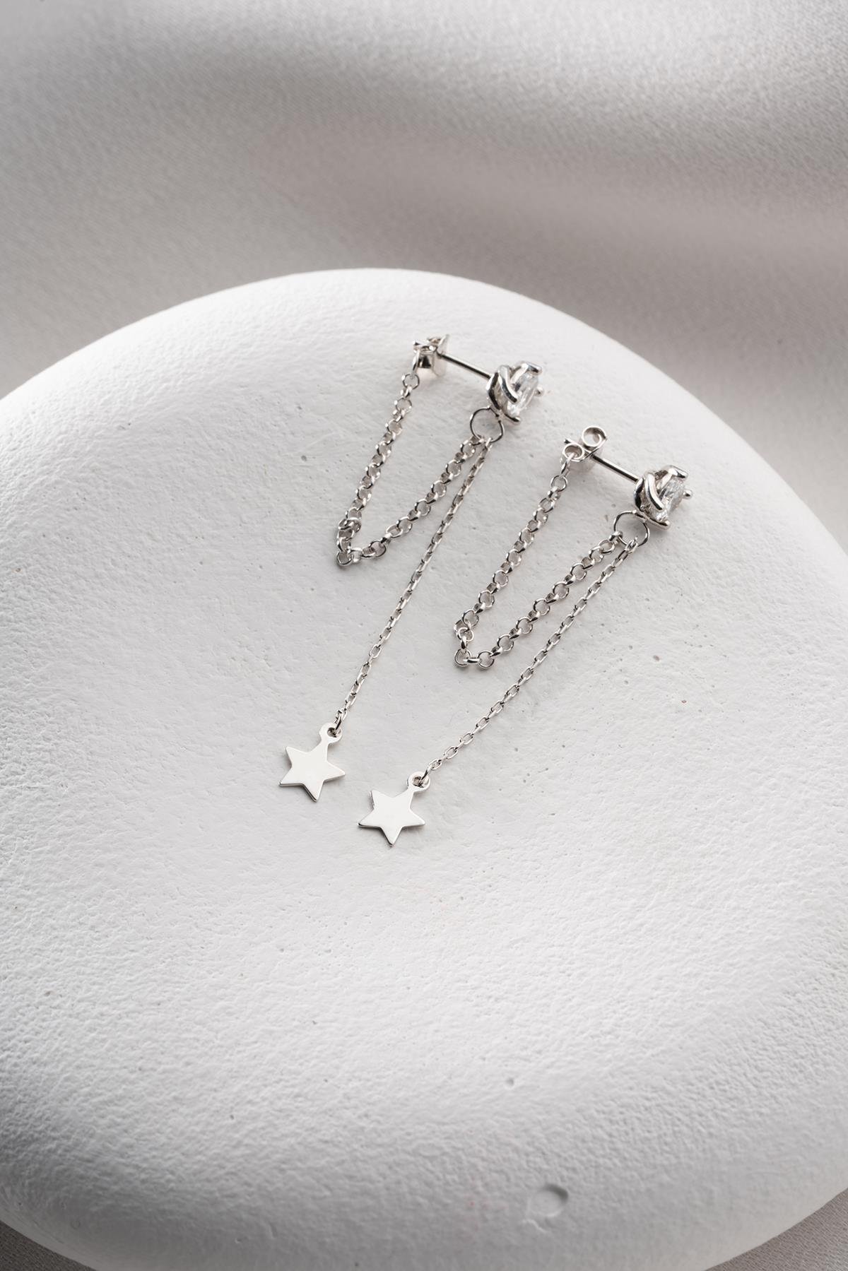 925 Ayar Gümüş Rodyum Kaplama 5 Mm Tektaş Sallantılı Zincir Sade Yıldız Model Küpe