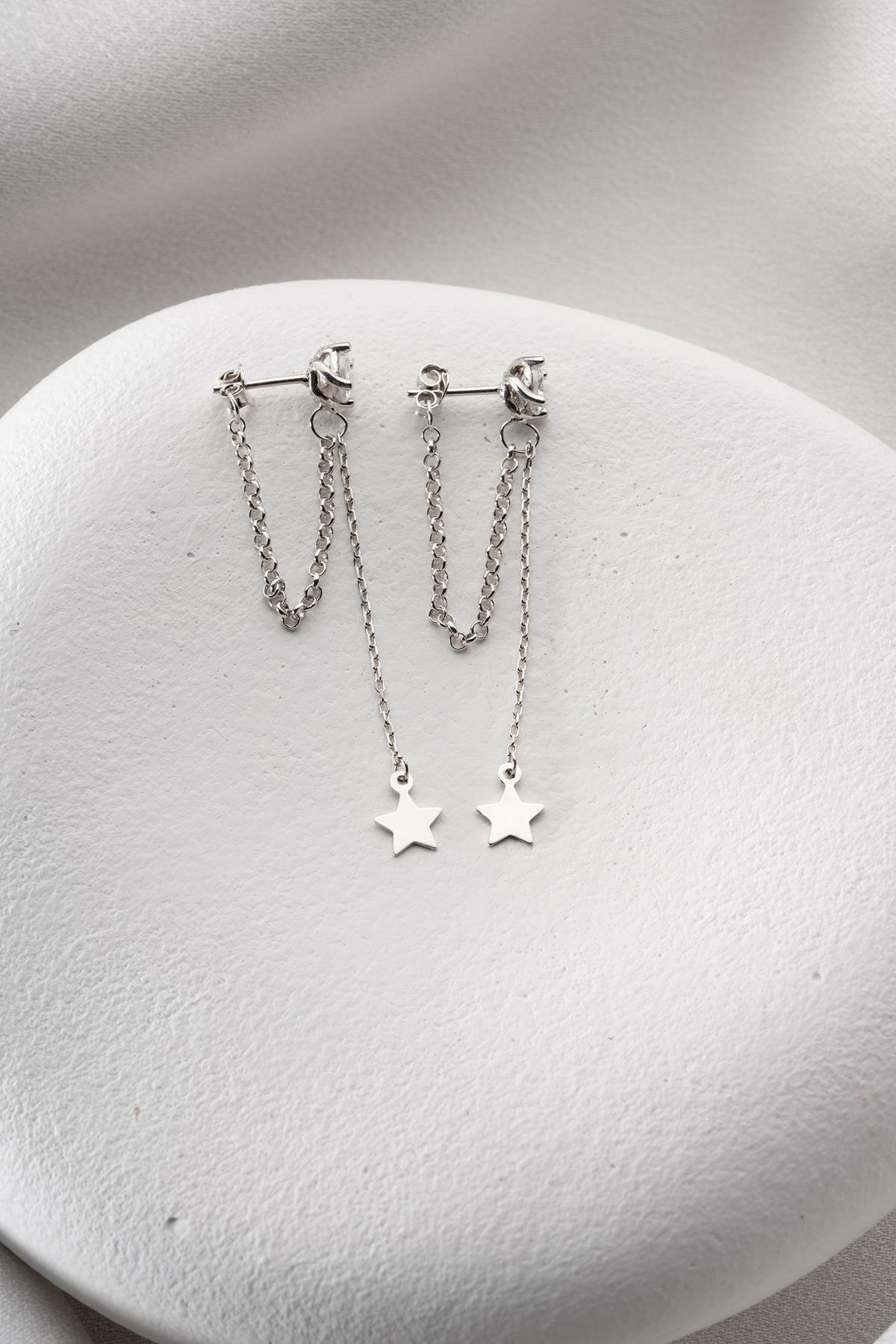 925 Ayar Gümüş Rodyum Kaplama 5 Mm Tektaş Sallantılı Zincir Sade Yıldız Model Küpe