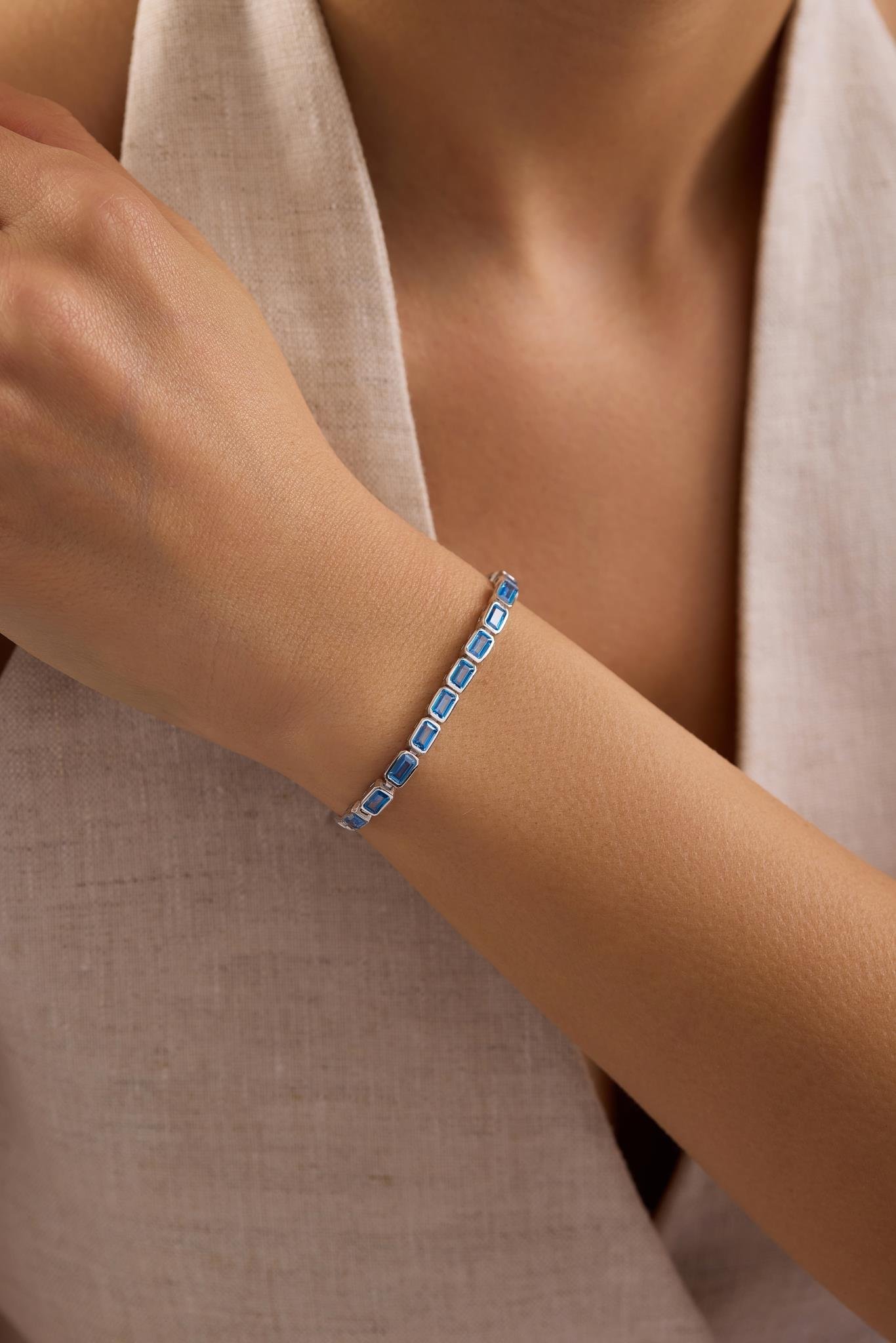 925 Ayar Gümüş Rodyum Kaplama Ayarlanabilir Asansörlü Sıralı Aquamarin Baget Taşlı Bileklik