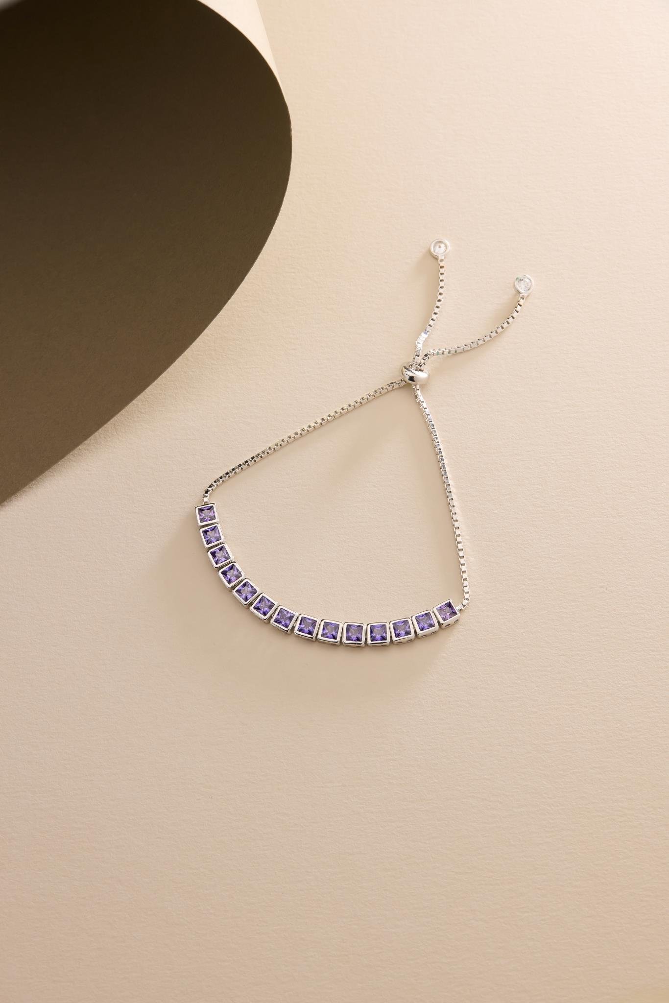 925 Ayar Gümüş Rodyum Kaplama Ayarlanabilir Asansörlü  Sıralı Kare Mor Taşlı Bileklik