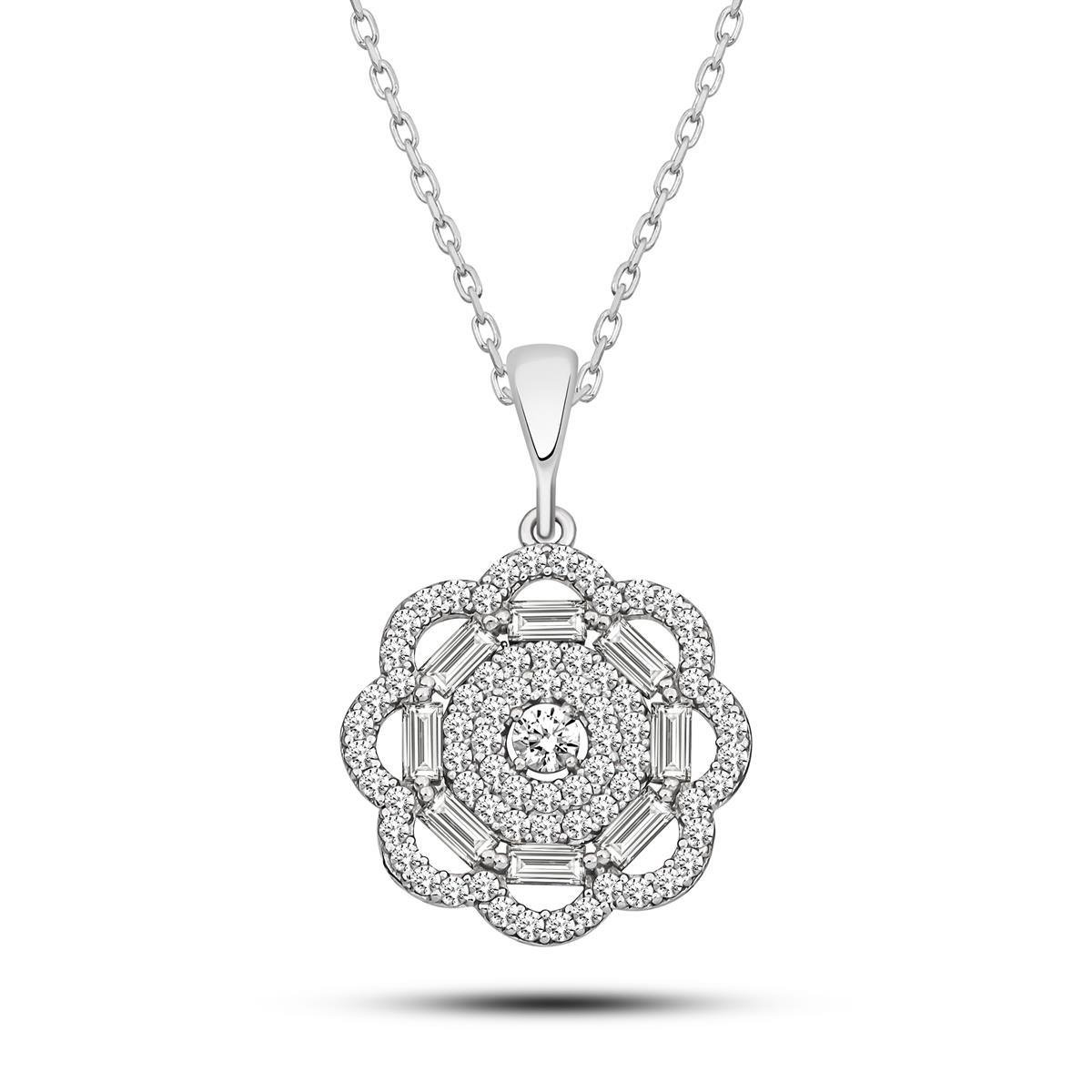 925 Ayar Gümüş Rodyum Kaplama Baget Taşlı Çiçek Tasarım Kolye