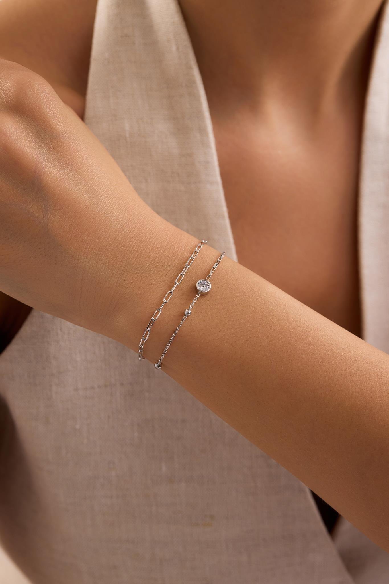 925 Ayar Gümüş Rodyum Kaplama Çift Zincirli 5 mm Tektaş Model Bileklik