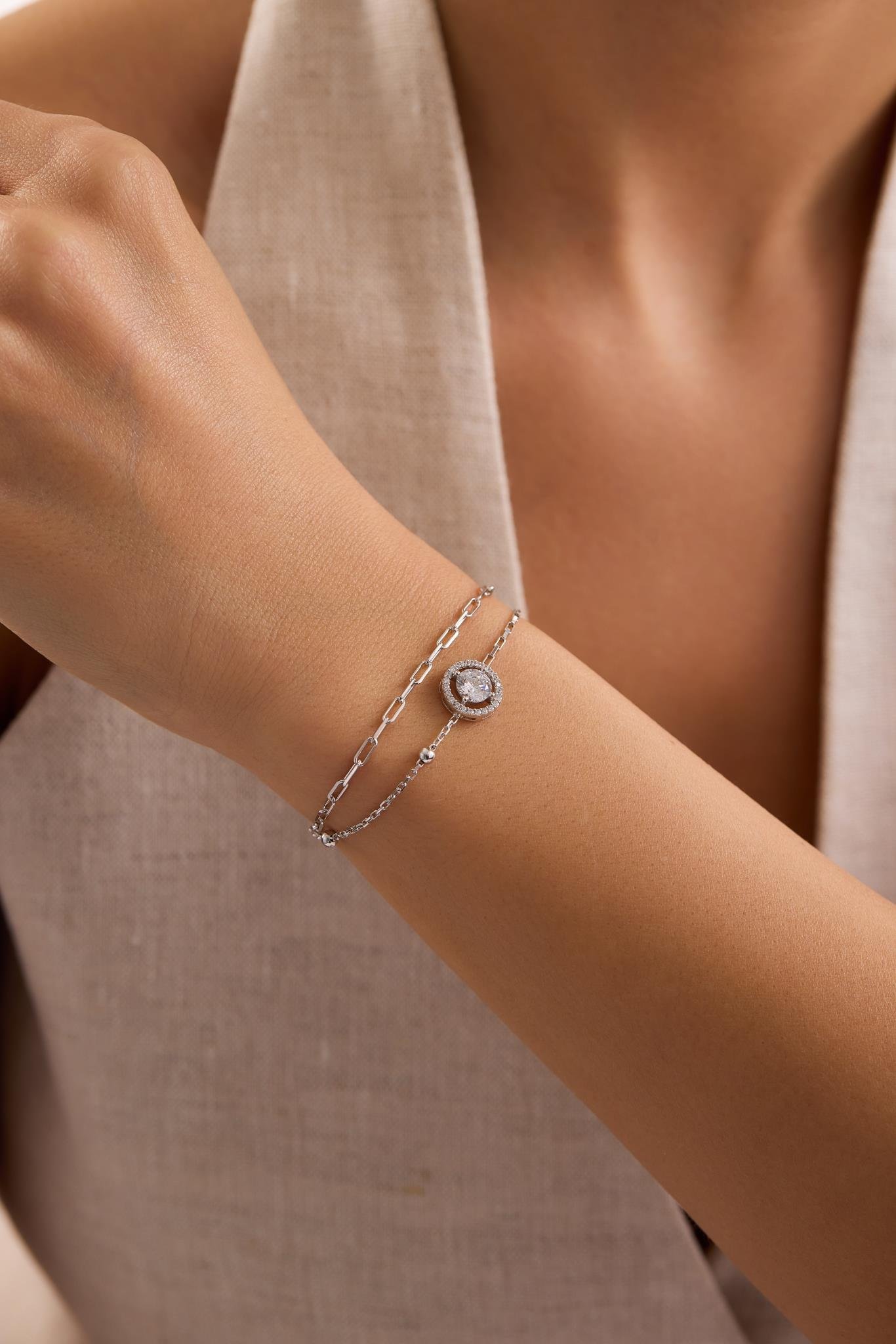 925 Ayar Gümüş Rodyum Kaplama Çift Zincirli 6 mm Tektaş Yuvarlak Model Bileklik