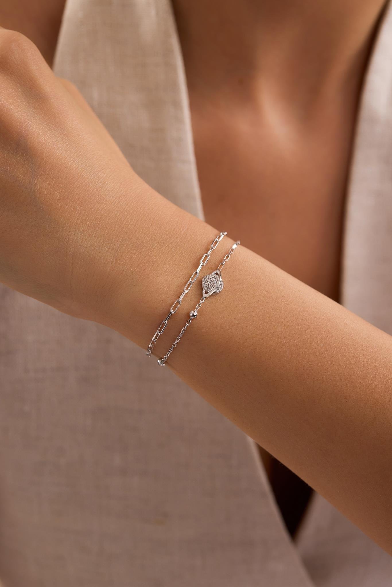 925 Ayar Gümüş Rodyum Kaplama Çift Zincirli Gezegen Model Bileklik