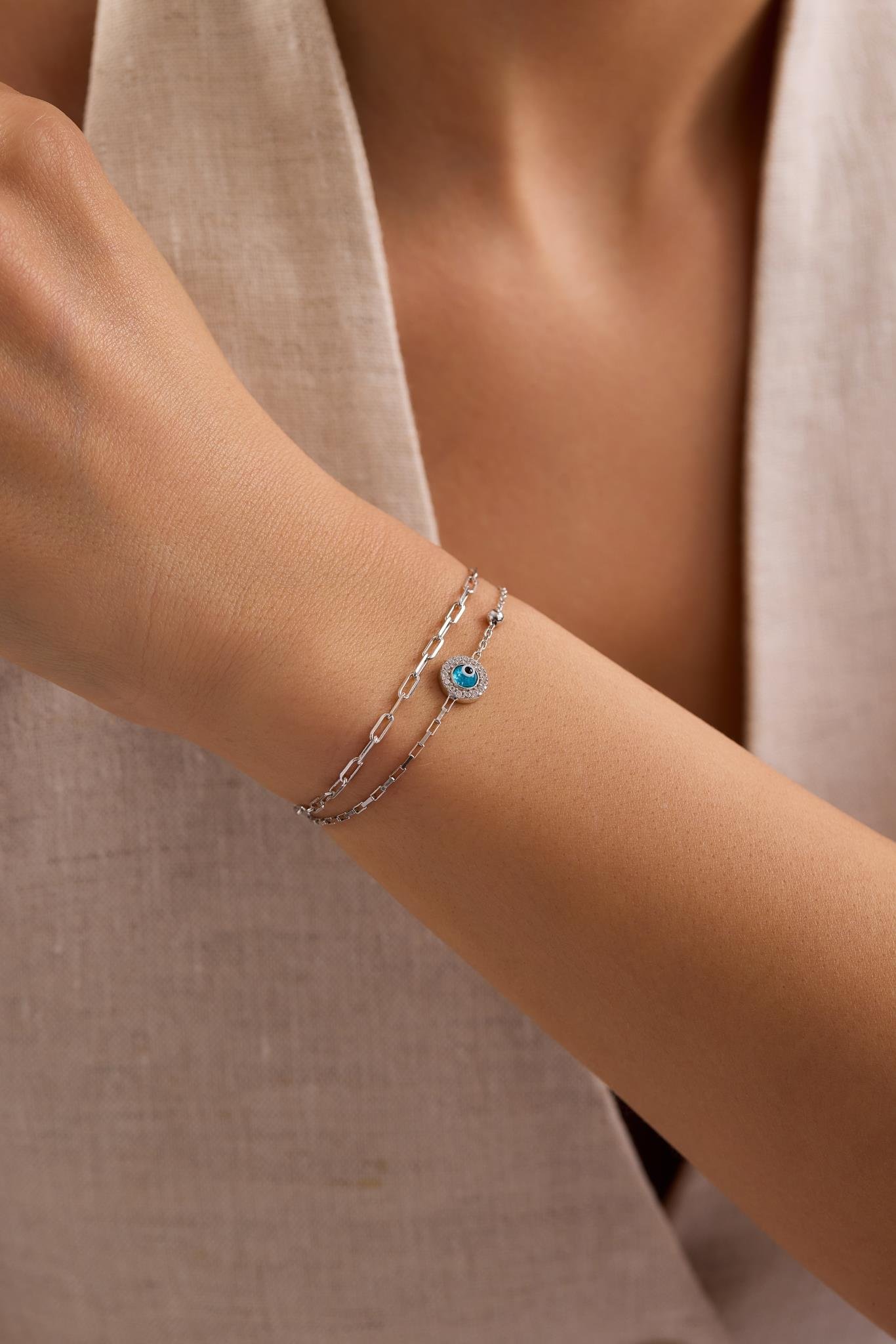 925 Ayar Gümüş Rodyum Kaplama Çift Zincirli Nazar Göz Model Bileklik