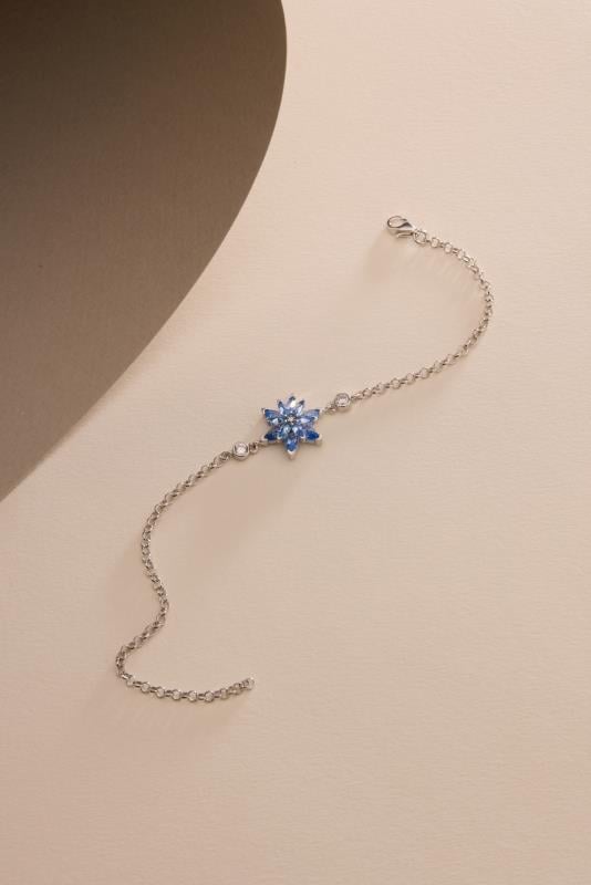 925 Ayar Gümüş Rodyum Kaplama Doç Zincirli Aquamarin Taşlı Lotus Çiçeği Bileklik