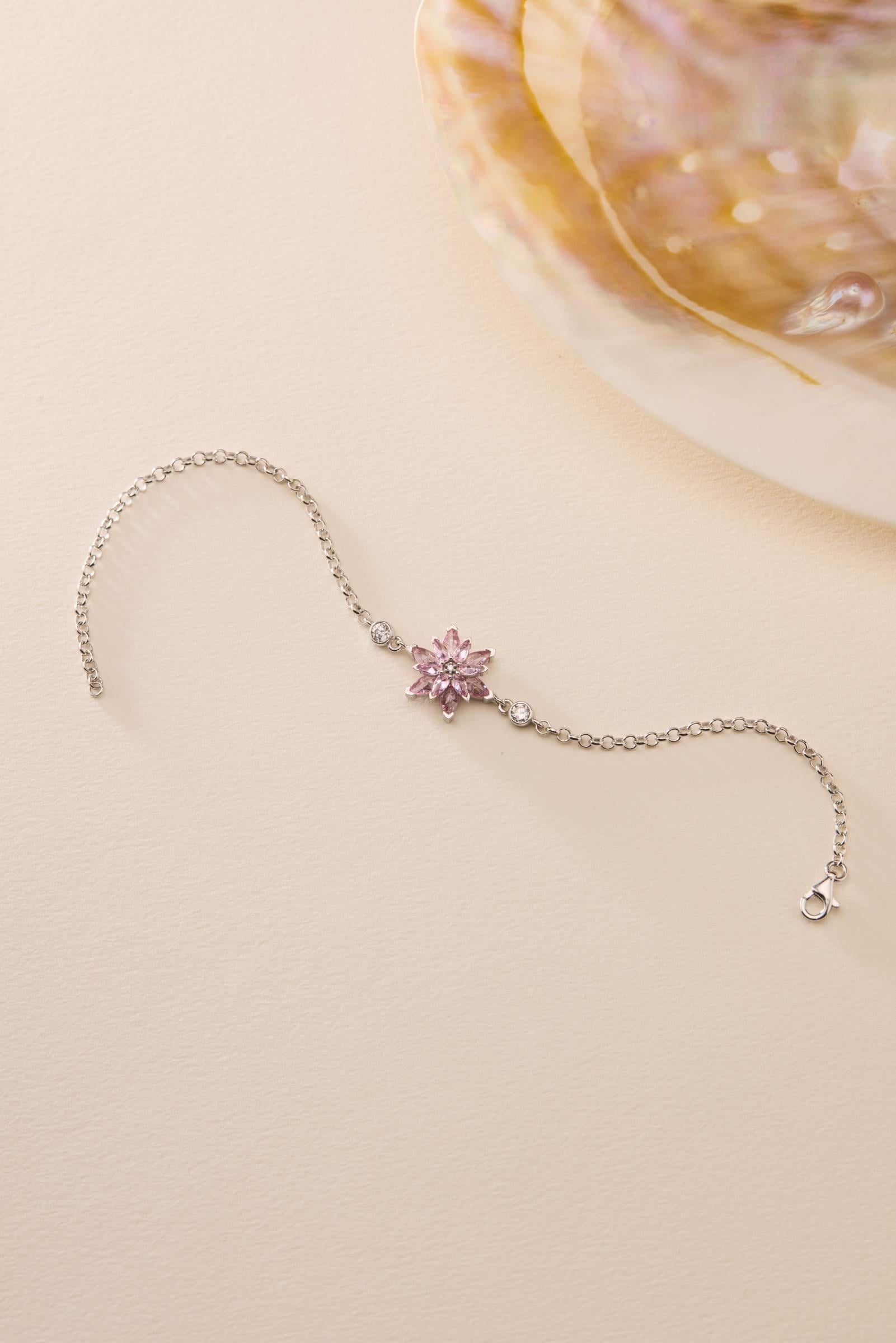 925 Ayar Gümüş Rodyum Kaplama Doç Zincirli Pembe Taşlı Lotus Çiçeği Bileklik