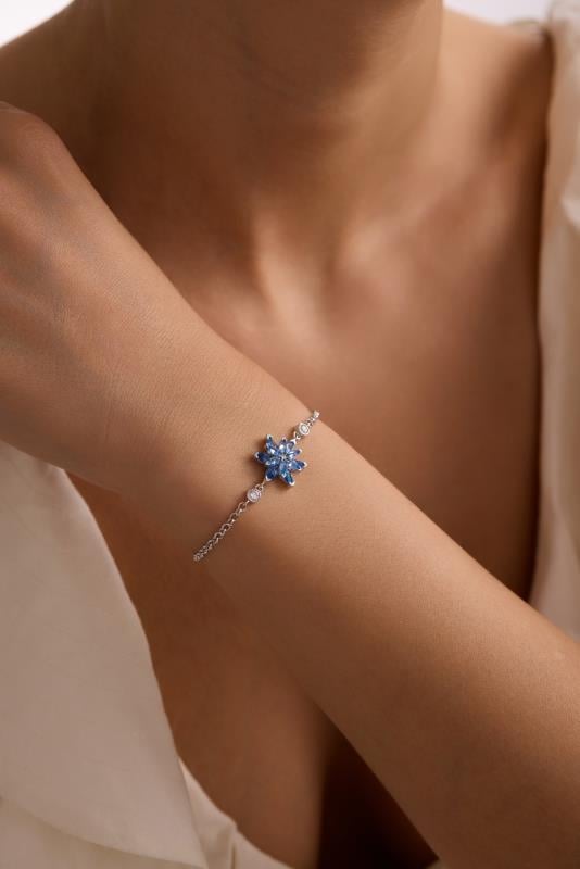 925 Ayar Gümüş Rodyum Kaplama Doç Zincirli Aquamarin Taşlı Lotus Çiçeği Bileklik
