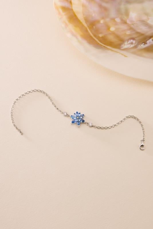 925 Ayar Gümüş Rodyum Kaplama Doç Zincirli Aquamarin Taşlı Lotus Çiçeği Bileklik