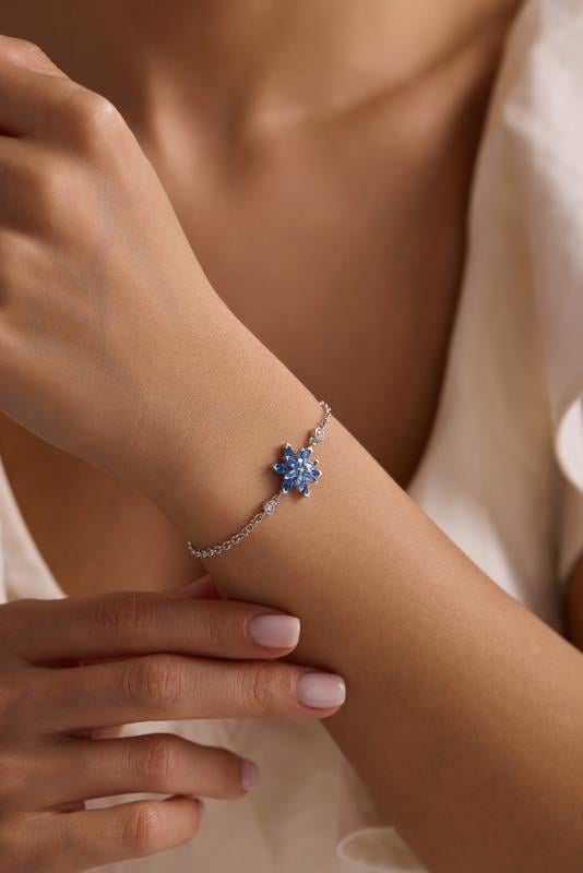 925 Ayar Gümüş Rodyum Kaplama Doç Zincirli Aquamarin Taşlı Lotus Çiçeği Bileklik