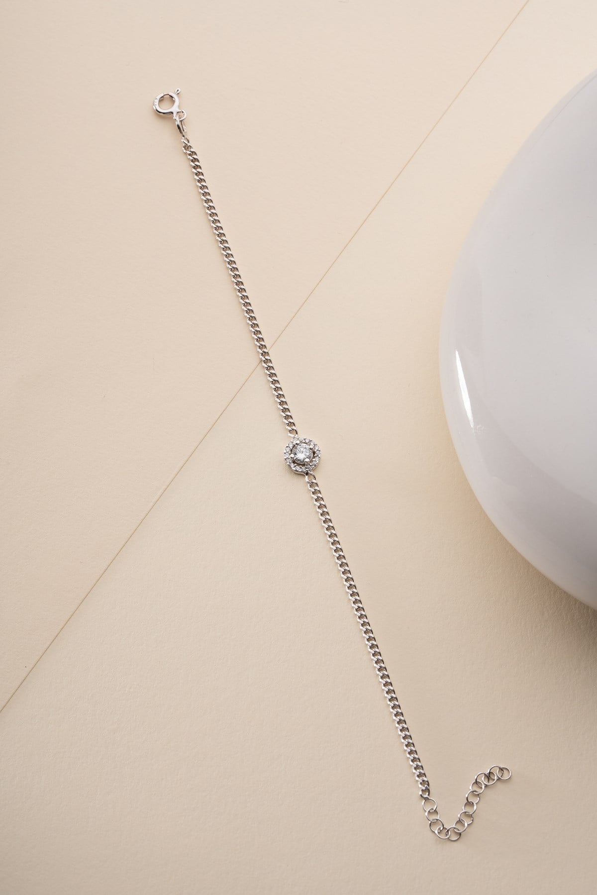 925 Ayar Gümüş Rodyum Kaplama Gurmet Zincirli Elmas Montür Tektaş Bileklik