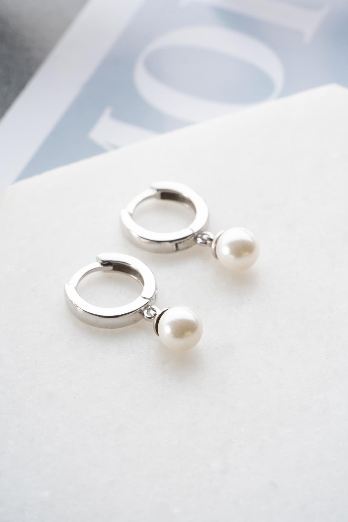 925 Ayar Gümüş Rodyum Kaplama İnci Sallantılı 10 mm Tamtur Küpe