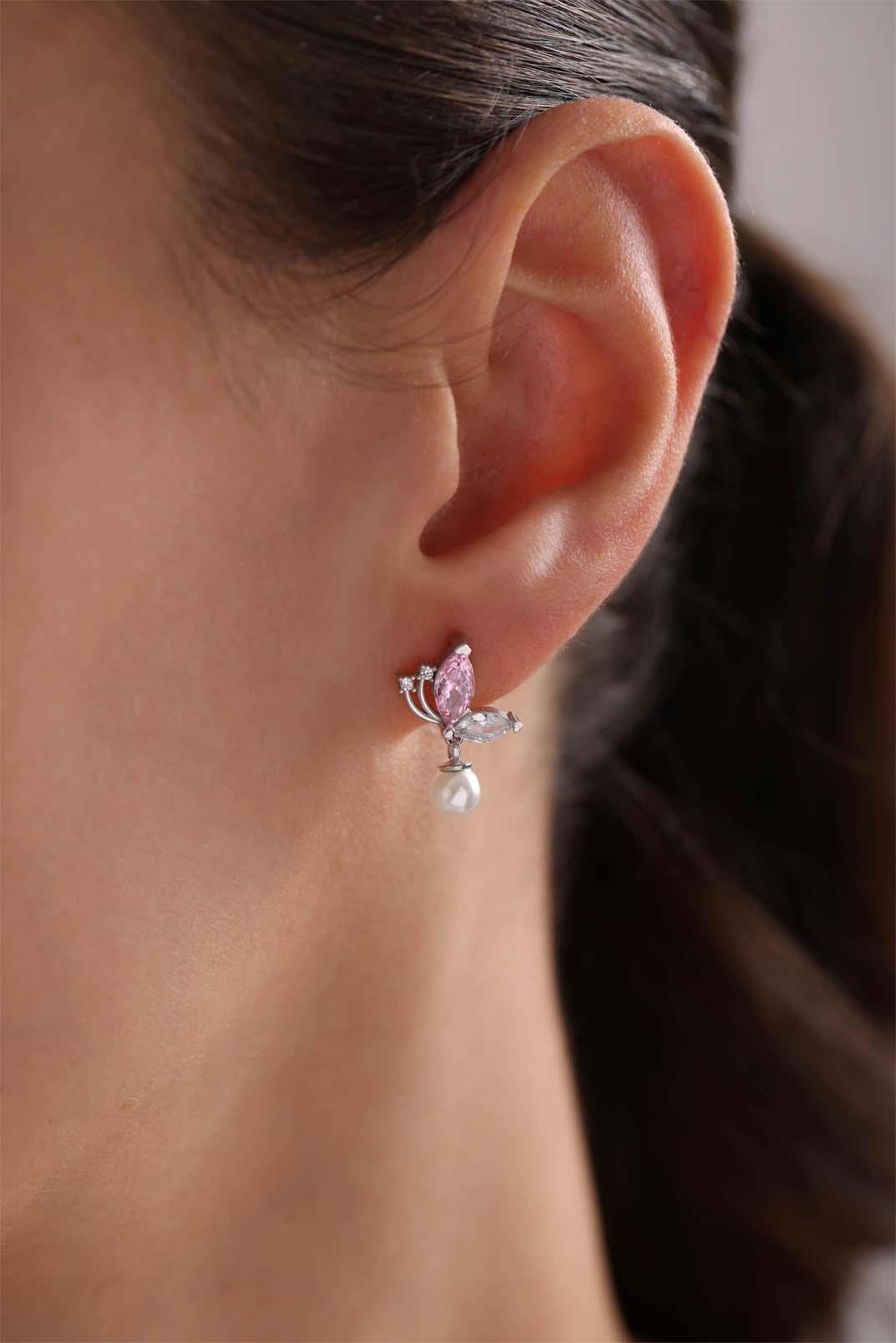 925 Ayar Gümüş Rodyum Kaplama İncili Pembe Taşlı Kelebek Küpe