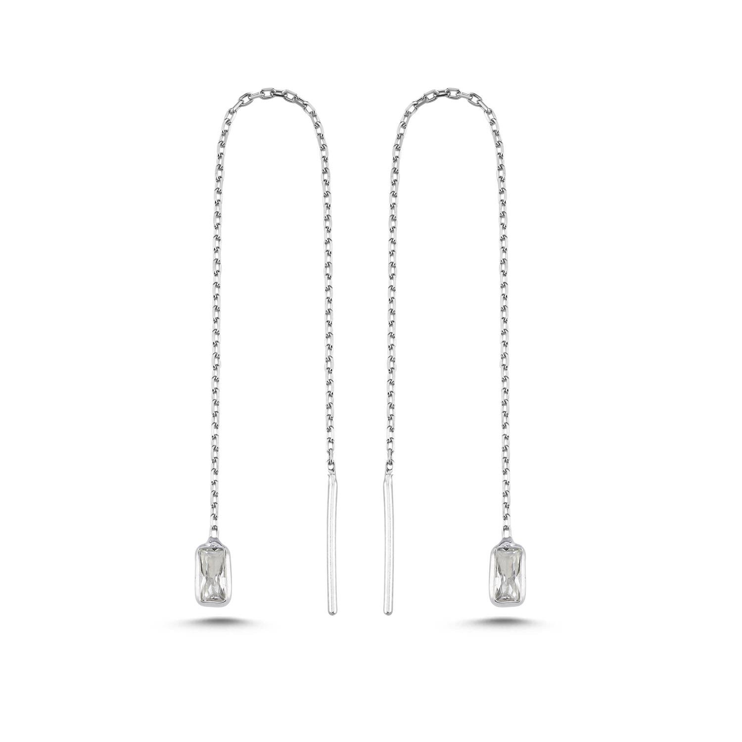 925 Ayar Gümüş Rodyum Kaplama Minik Baget Taşlı Zincir Küpe