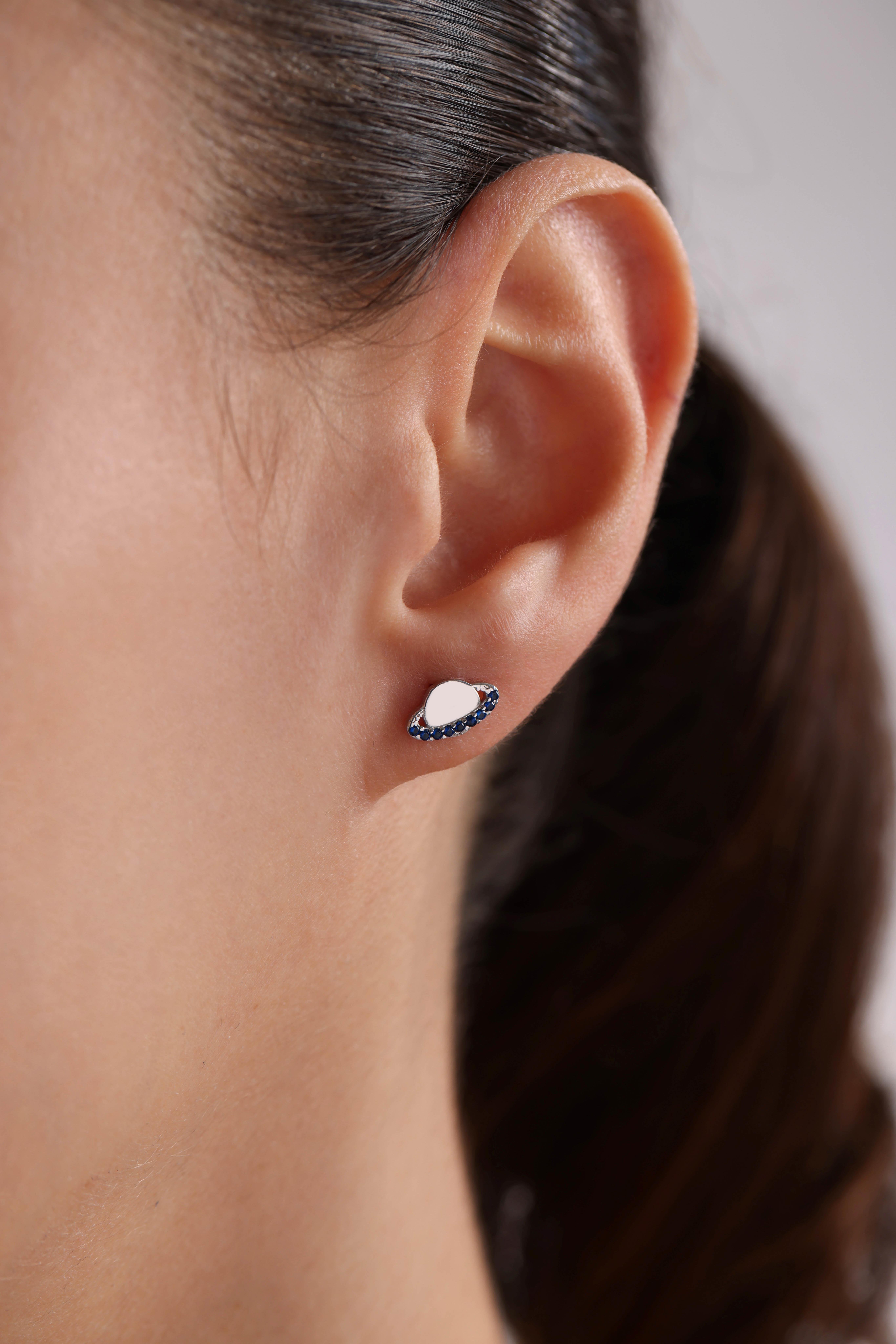 925 Ayar Gümüş Rodyum Kaplama Minik Mavi Zirkon Taşlı Gezegen Küpe