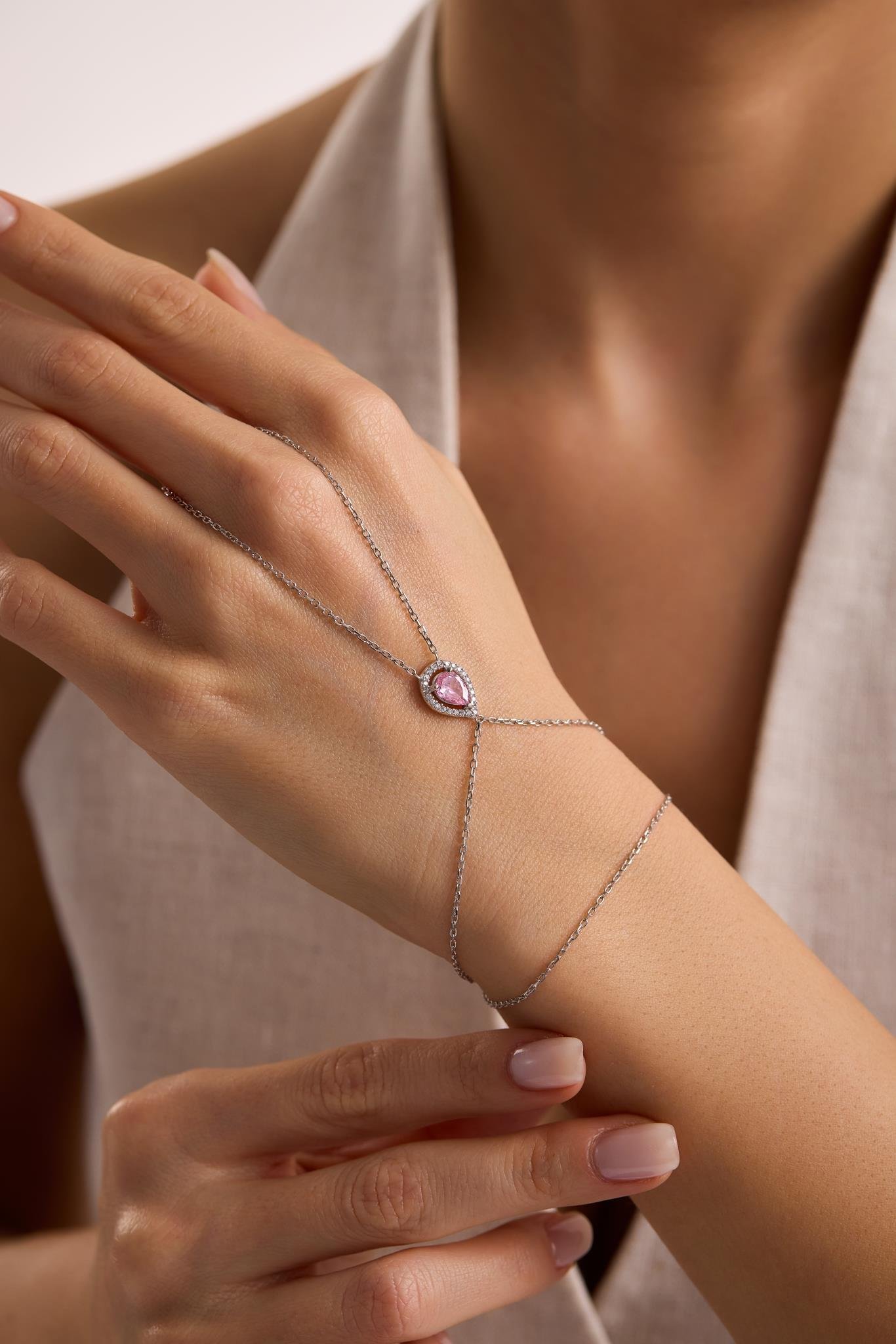 925 Ayar Gümüş Rodyum Kaplama Pembe Damla Taşlı Şahmeran Bileklik 