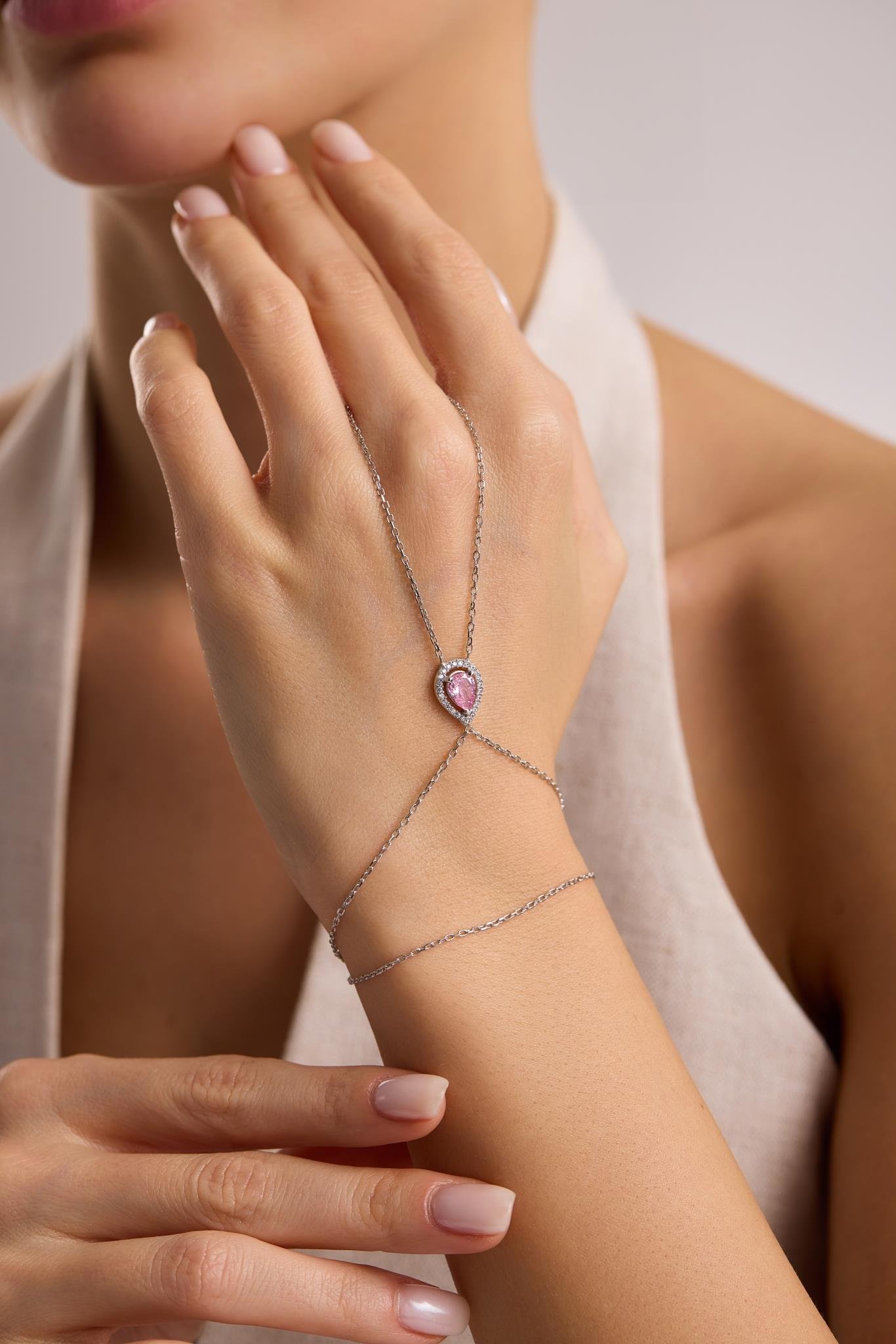 925 Ayar Gümüş Rodyum Kaplama Pembe Damla Taşlı Şahmeran Bileklik 