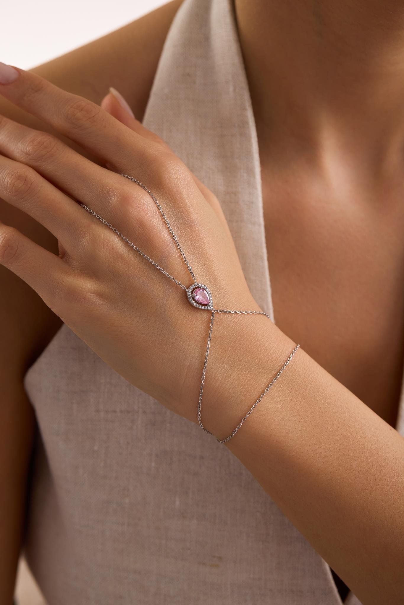 925 Ayar Gümüş Rodyum Kaplama Pembe Damla Taşlı Şahmeran Bileklik 