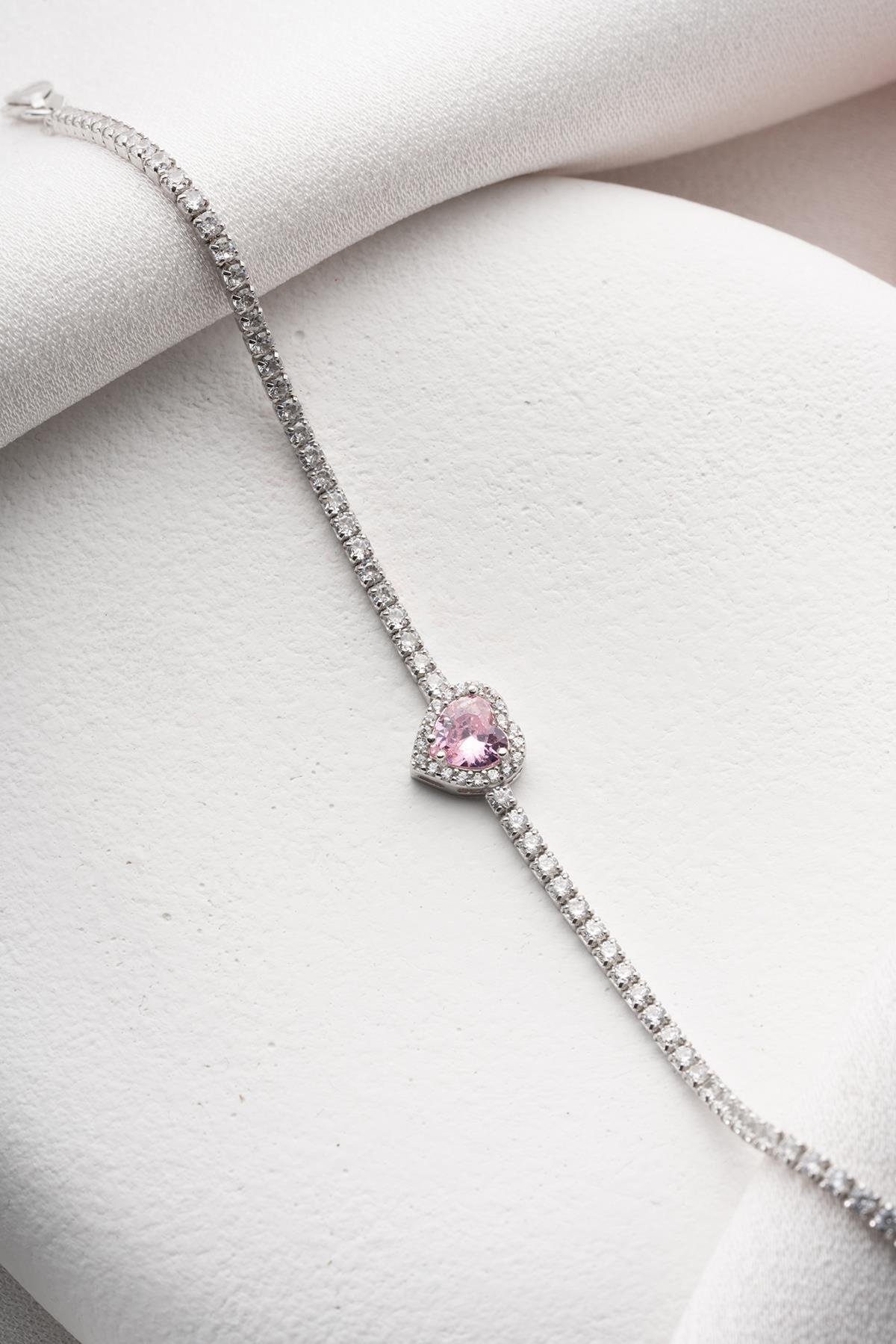 925 Ayar Gümüş Rodyum Kaplama Pembe Taşlı Kalp 2 mm Zirkon Taşlı Suyolu Bileklik 