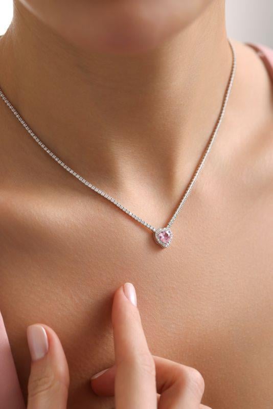 925 Ayar Gümüş Rodyum Kaplama Pembe Taşlı Suyolu Kolye