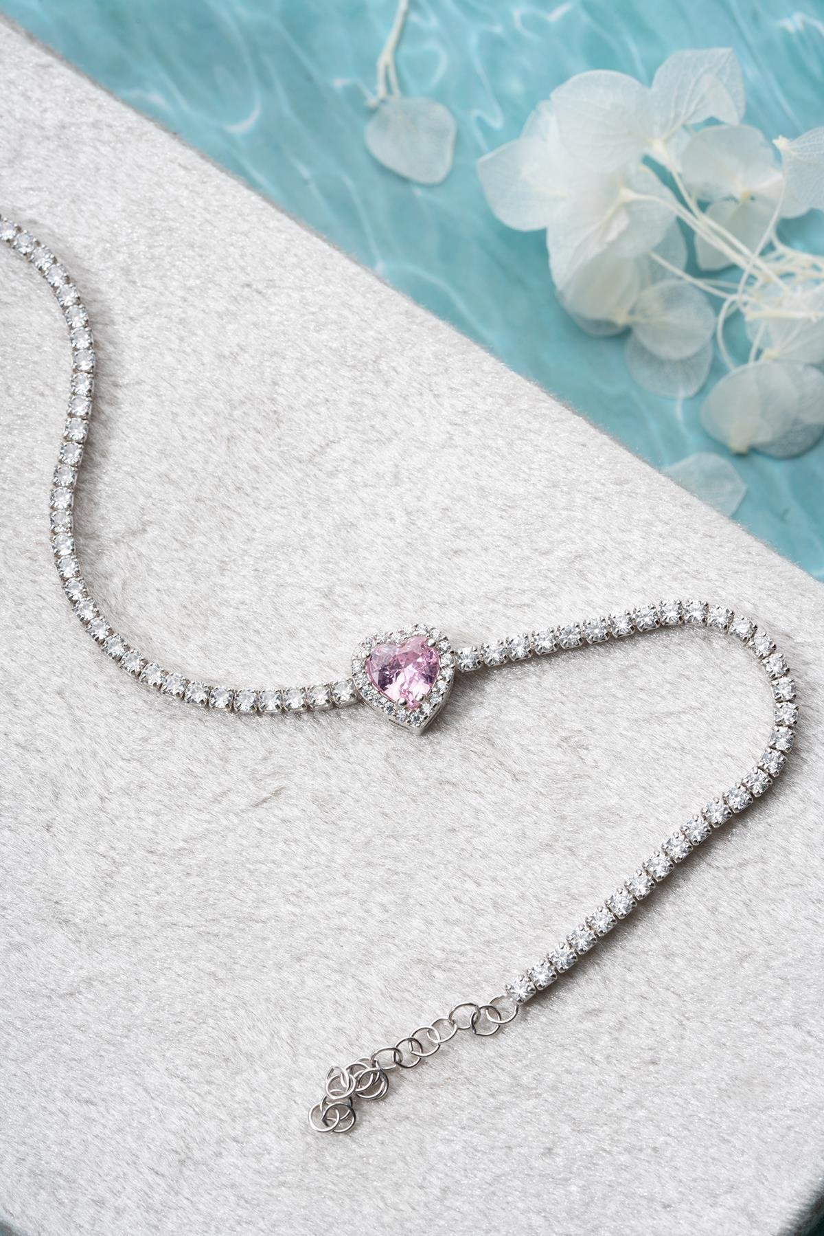 925 Ayar Gümüş Rodyum Kaplama Pembe Taşlı Kalp 2 mm Zirkon Taşlı Suyolu Bileklik 
