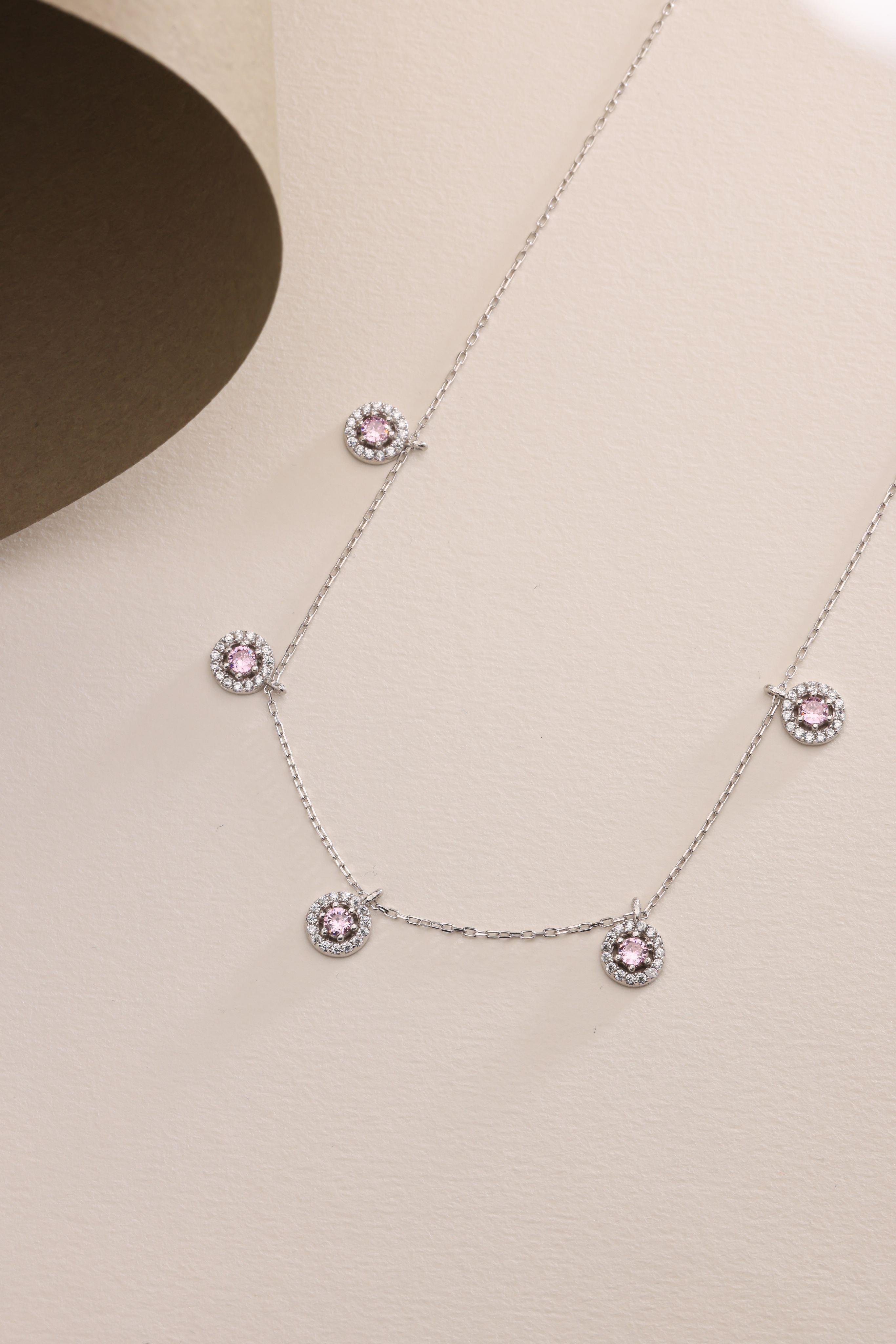 925 Ayar Gümüş Rodyum Kaplama Pembe Zirkon Taşlı Şans Kolye