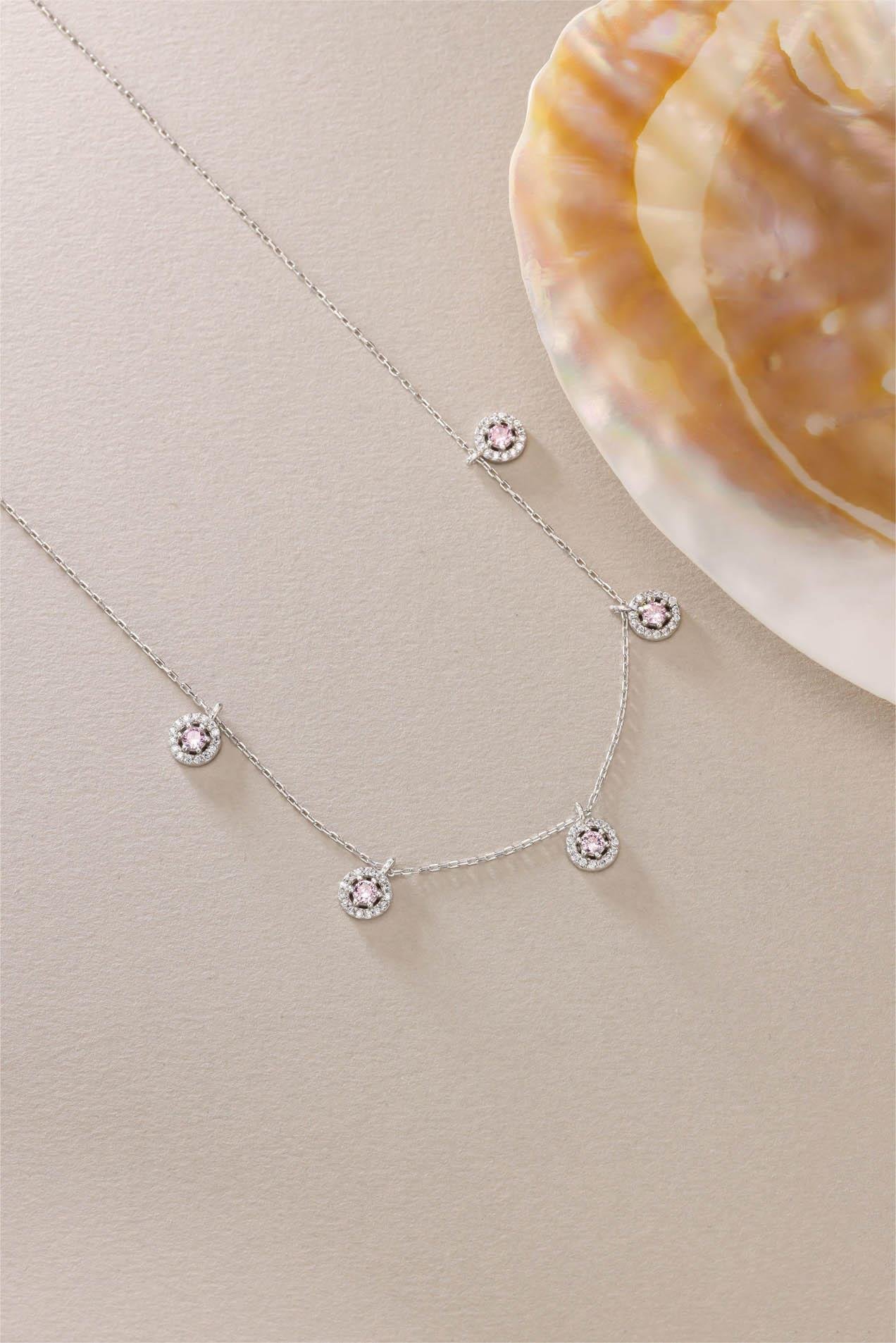 925 Ayar Gümüş Rodyum Kaplama Pembe Zirkon Taşlı Şans Kolye