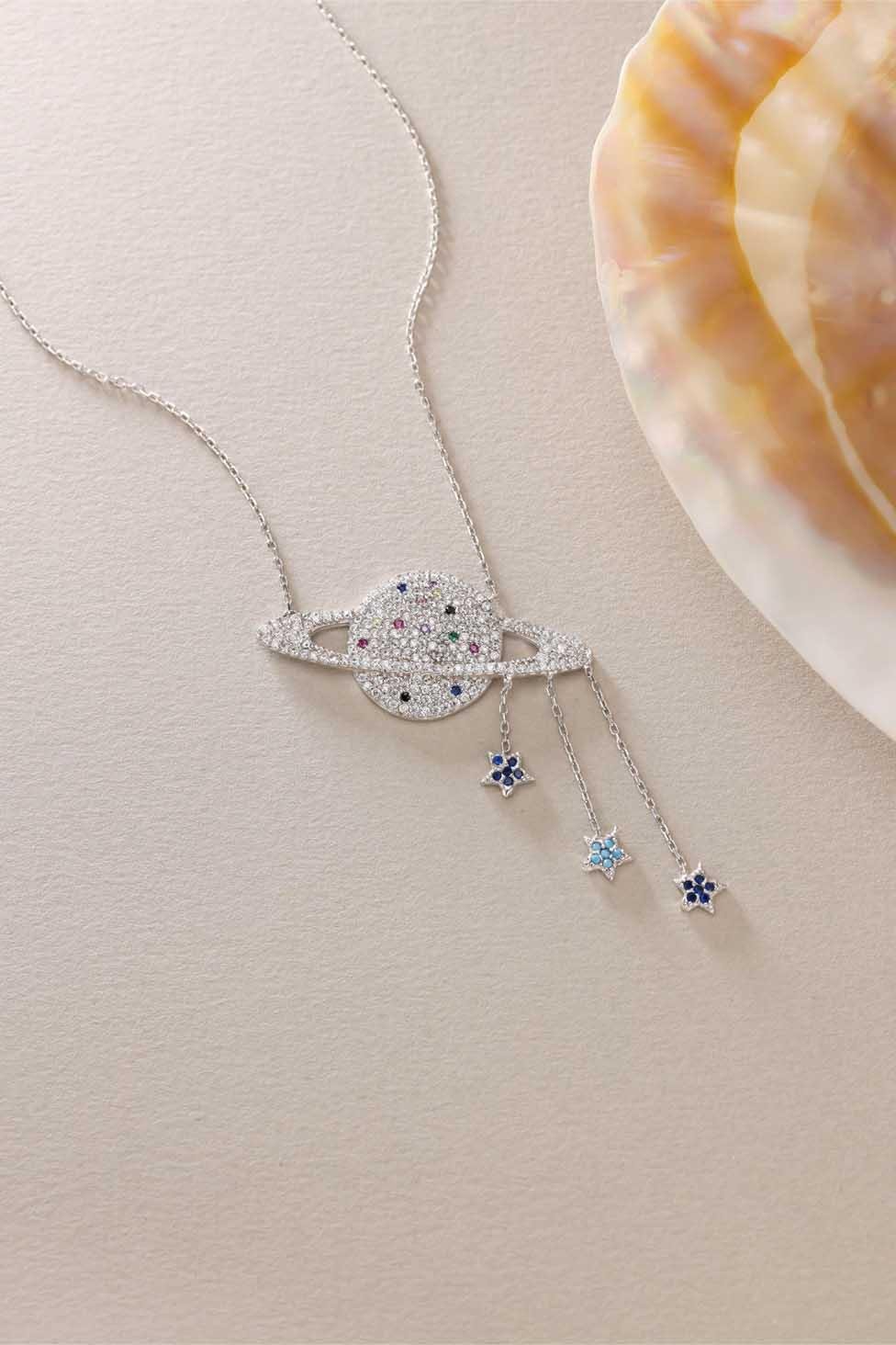 925 Ayar Gümüş Rodyum Kaplama Sallantı Yıldızlı Gezegen Kolye