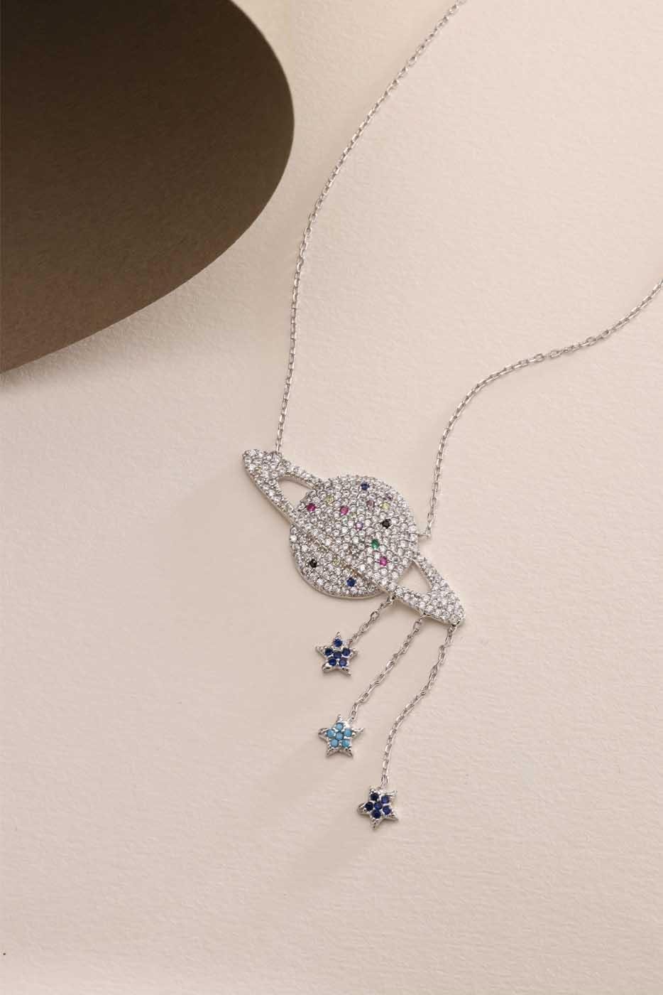 925 Ayar Gümüş Rodyum Kaplama Sallantı Yıldızlı Gezegen Kolye