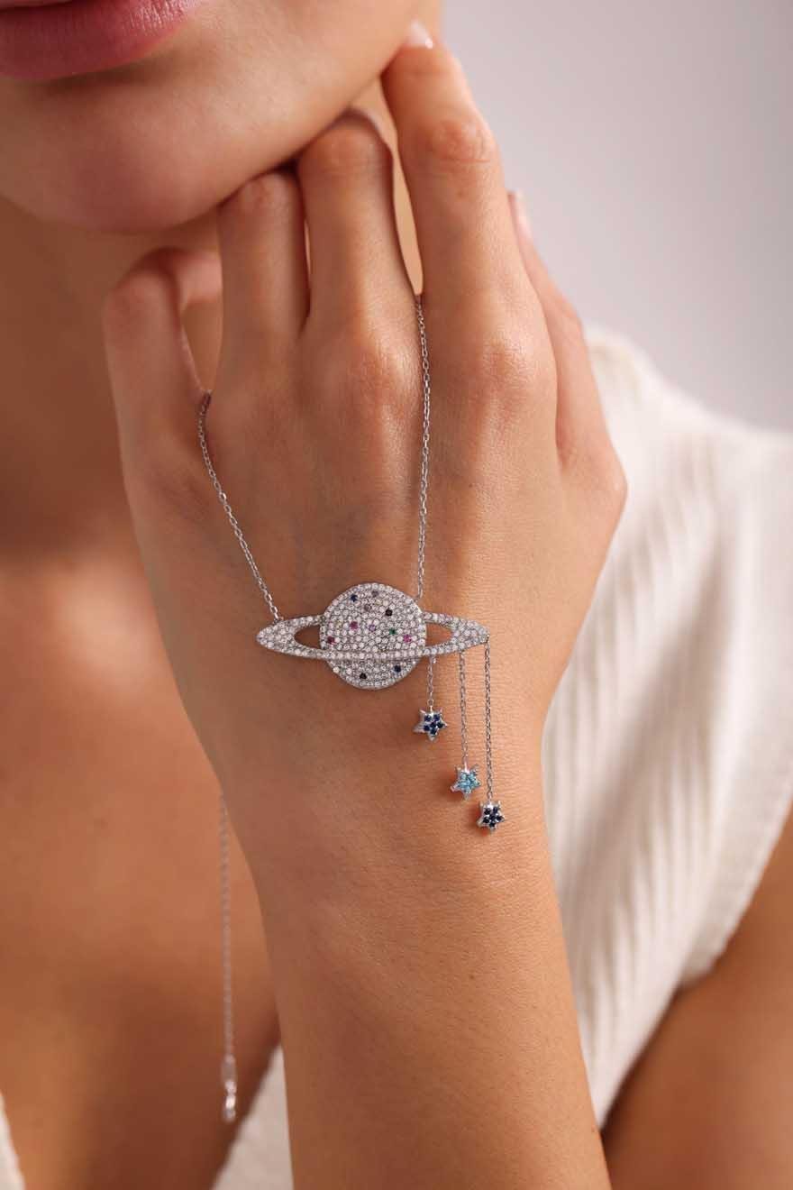 925 Ayar Gümüş Rodyum Kaplama Sallantı Yıldızlı Gezegen Kolye