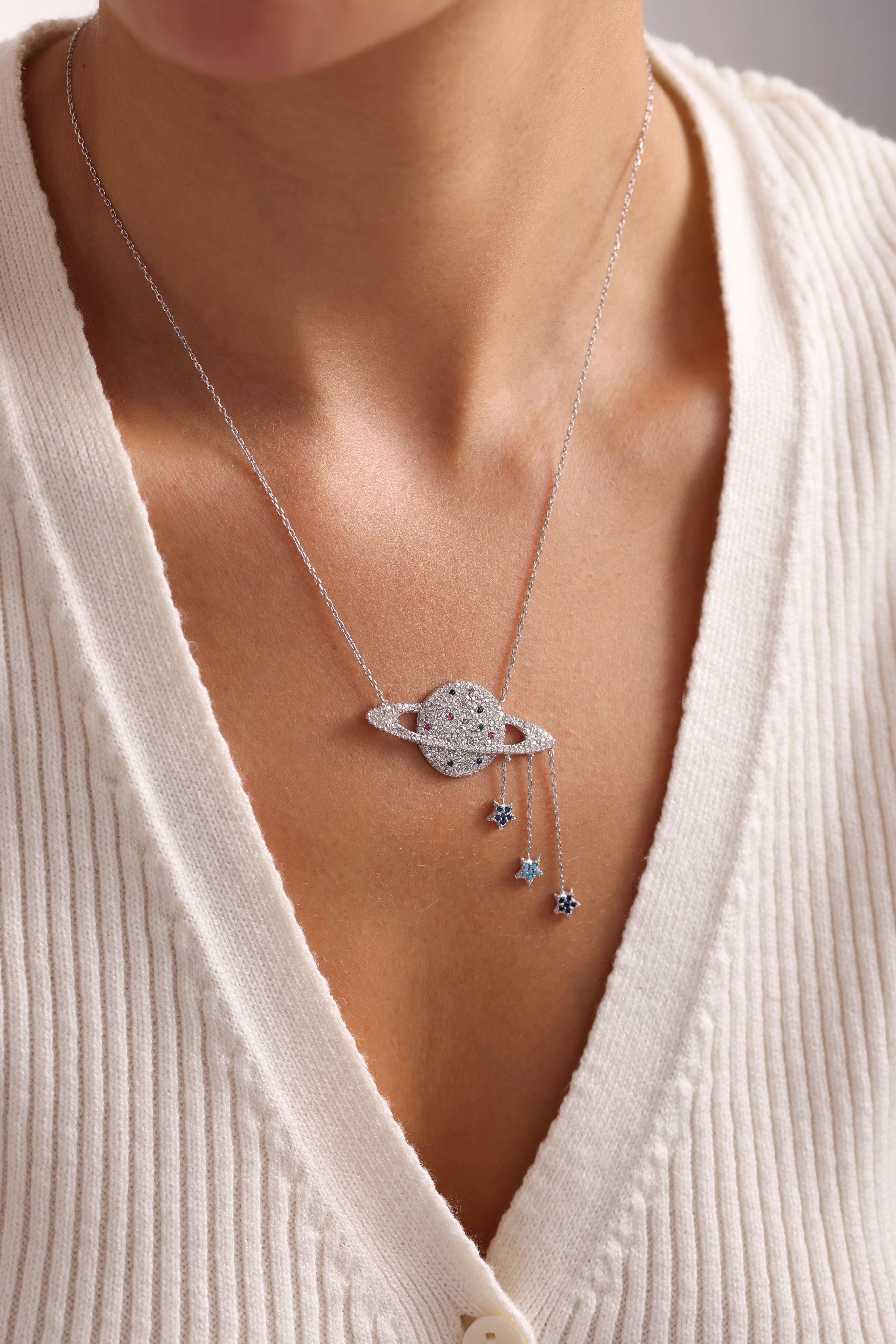 925 Ayar Gümüş Rodyum Kaplama Sallantı Yıldızlı Gezegen Kolye