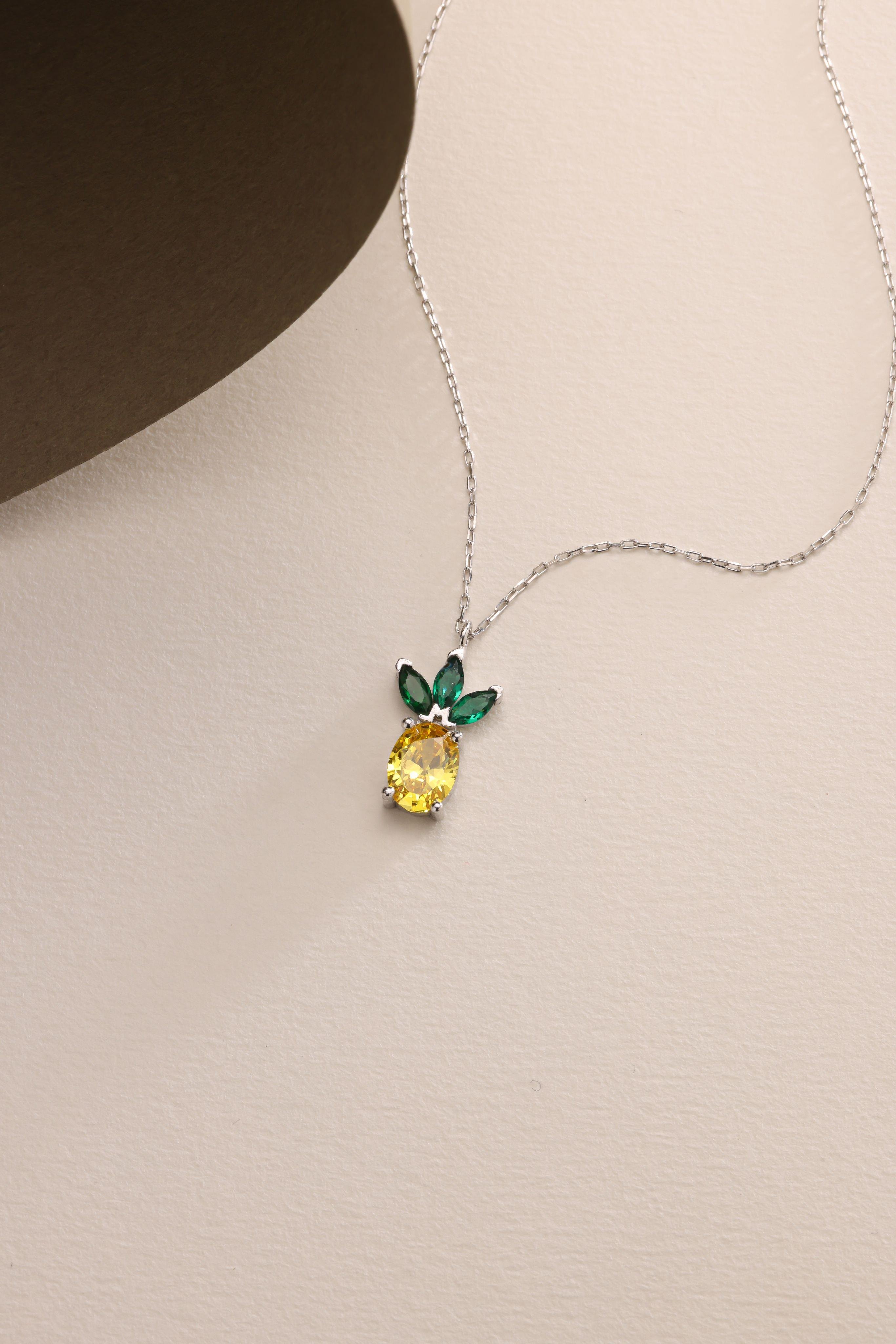 925 Ayar Gümüş Rodyum Kaplama Sitrin Taşlı Ananas Kolye