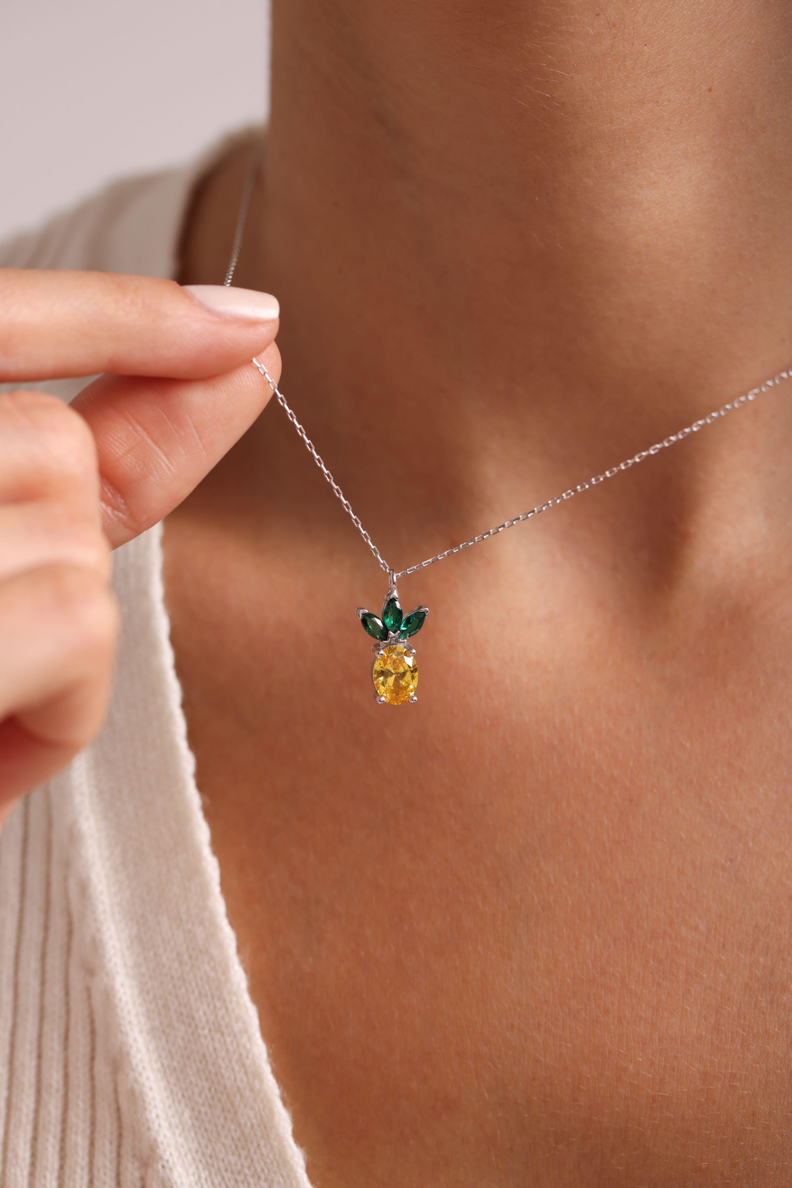 925 Ayar Gümüş Rodyum Kaplama Sitrin Taşlı Ananas Kolye