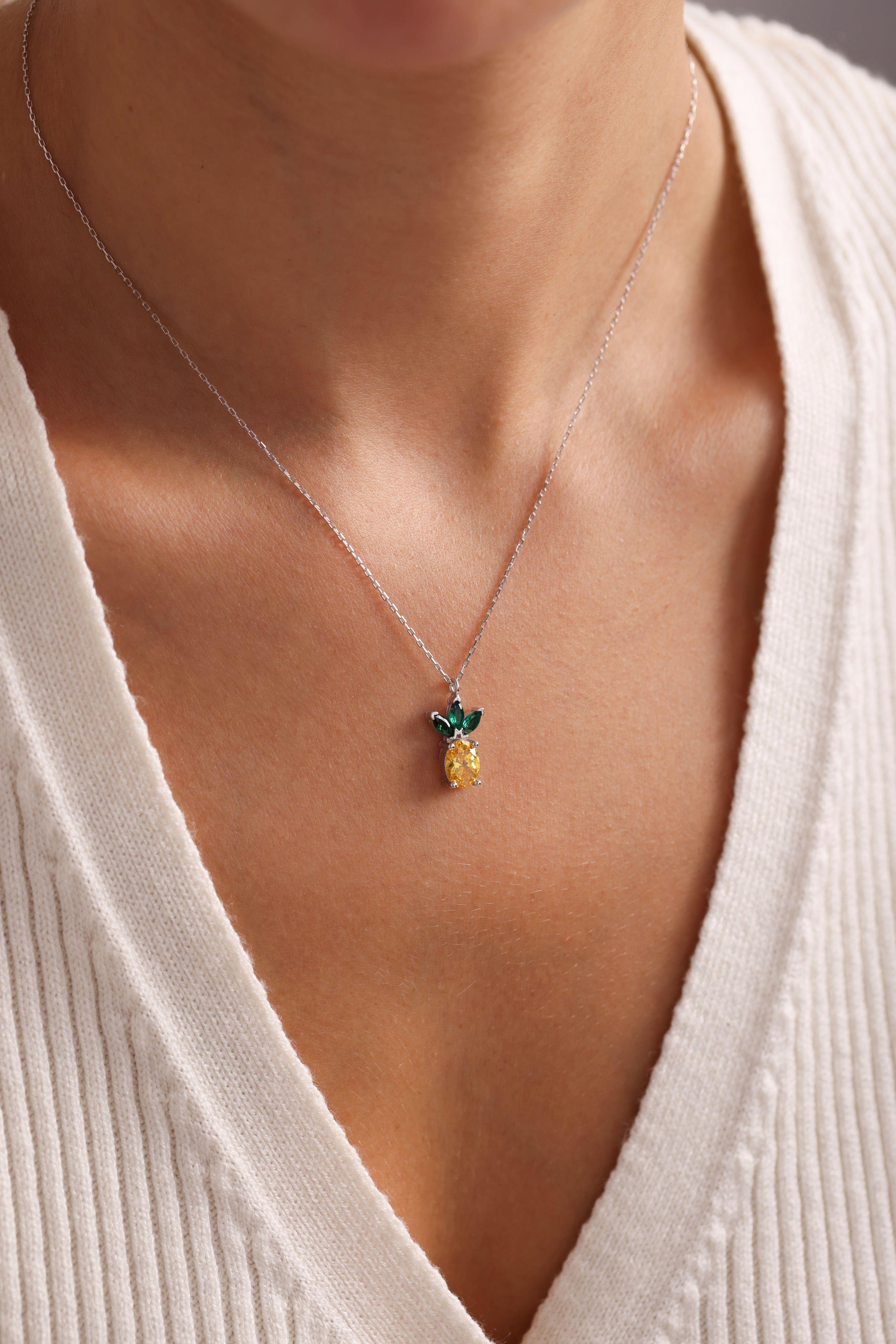 925 Ayar Gümüş Rodyum Kaplama Sitrin Taşlı Ananas Kolye