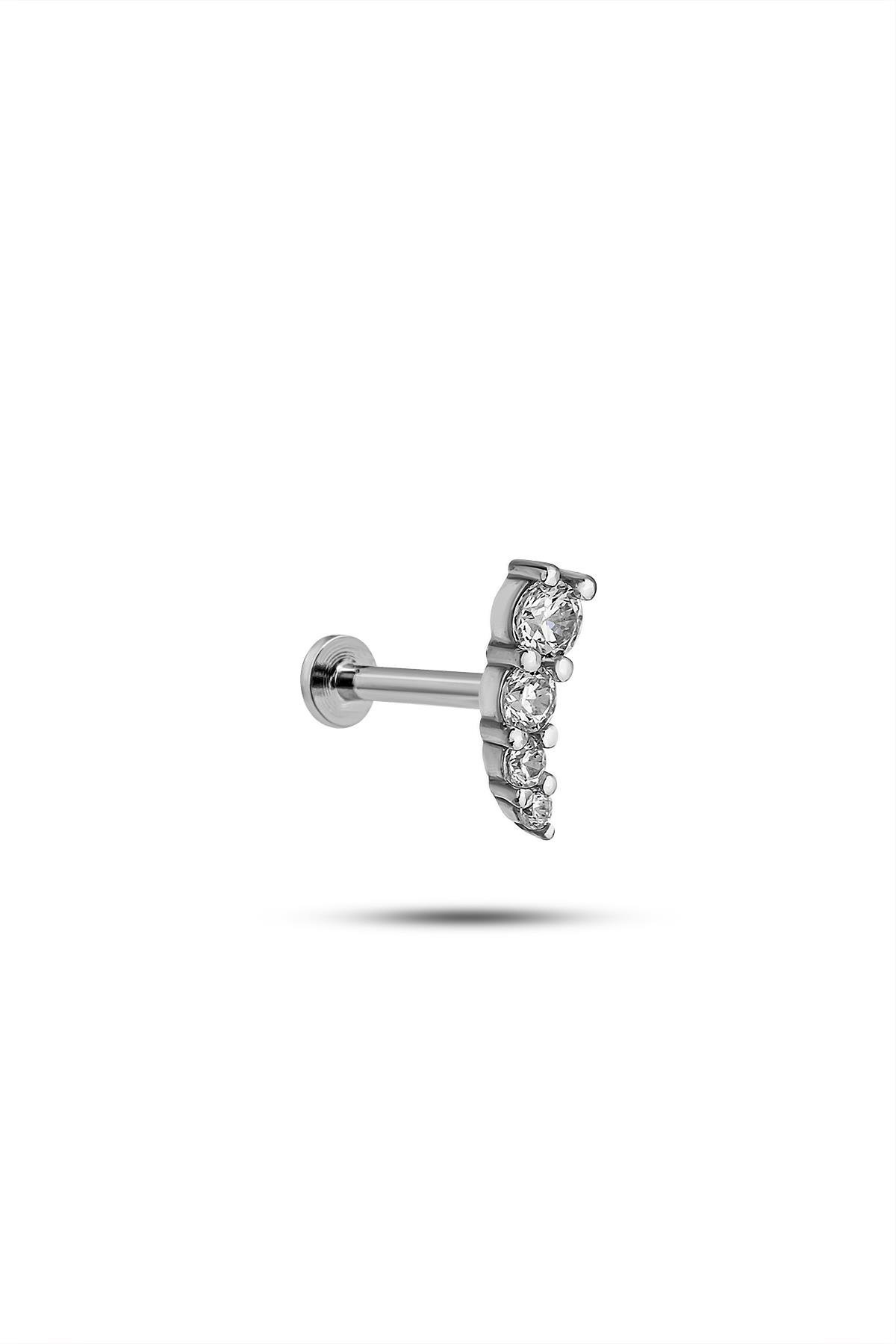 925 Ayar Gümüş Rodyumlu Minimal 4 Taşlı Tragus Piercing Küpe